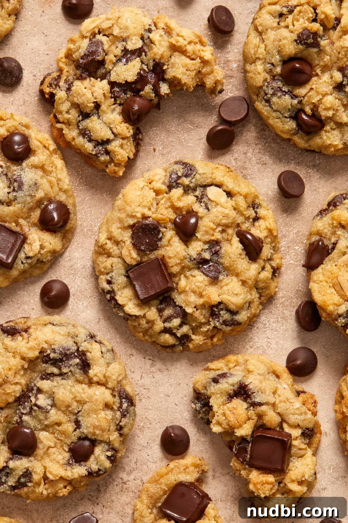 Gluten-Free Almond Flour Oatmeal Chocolate Chip Cookies 11 Oatmeal chocolate chip cookies arranged on surface with chocolate chips scattered.