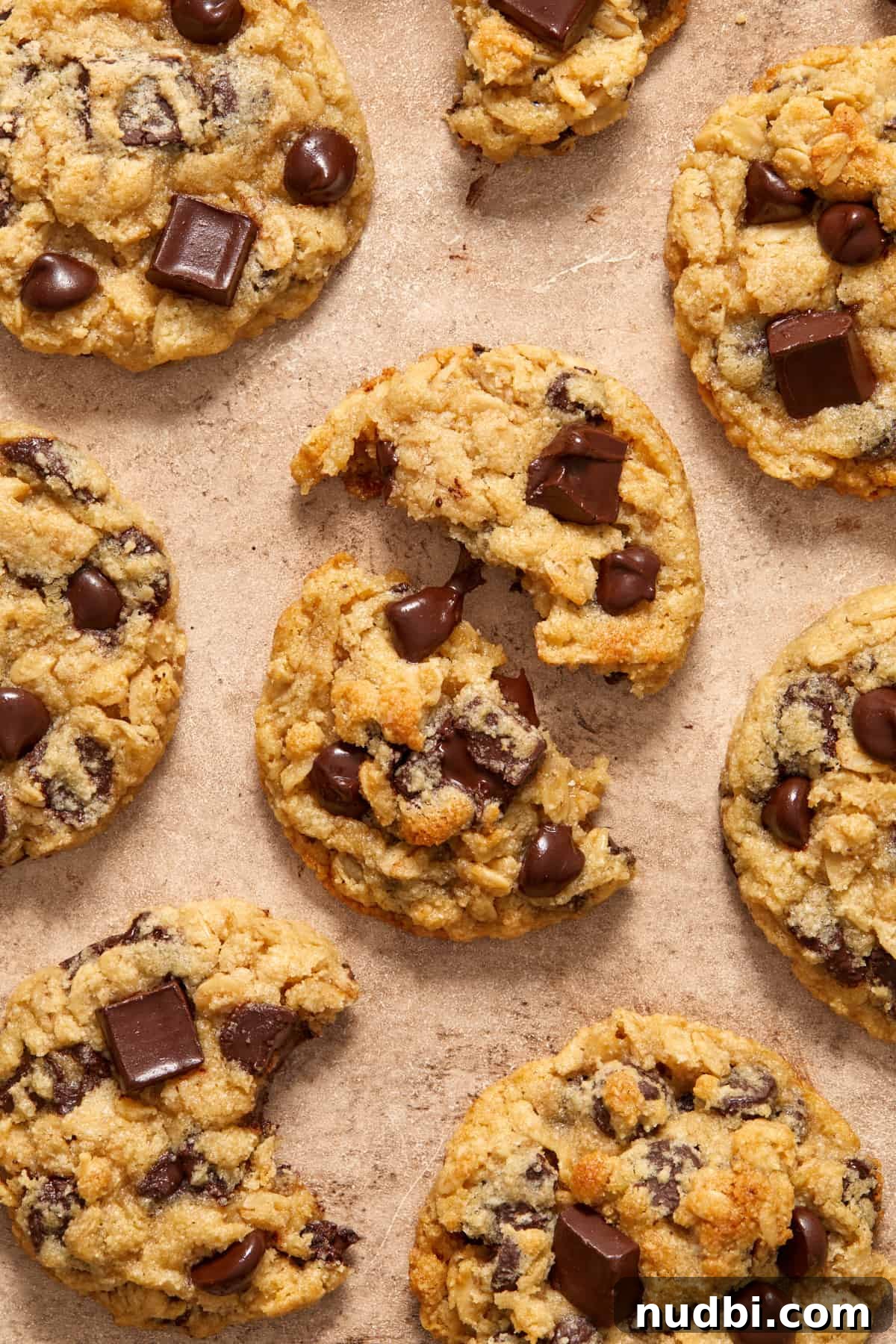 Gluten-Free Almond Flour Oatmeal Chocolate Chip Cookies 3 Cookies arranged on surface with focus on center cookie that is broken into two pieces with melty chocolate chips on top.