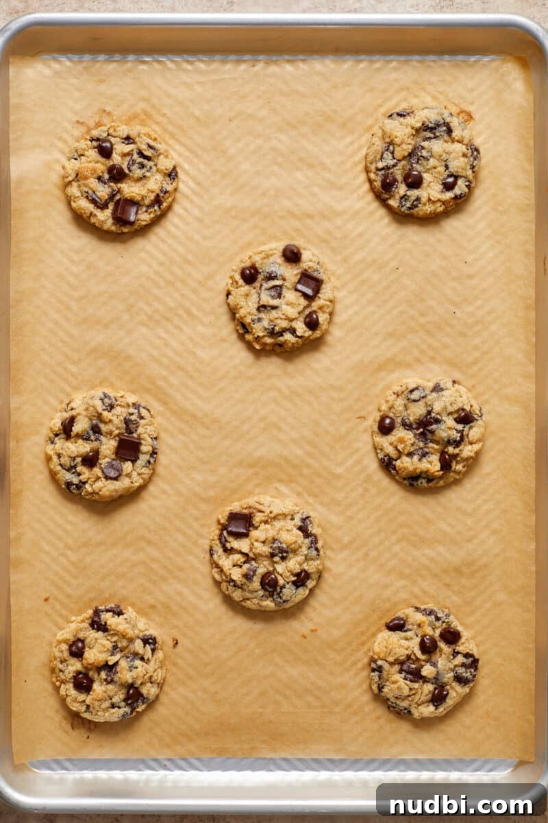 Gluten-Free Almond Flour Oatmeal Chocolate Chip Cookies 10 Baked almond flour oatmeal cookies on cookie sheet.
