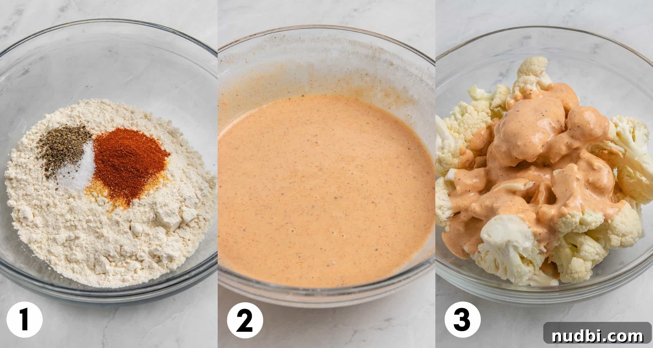Crispy Air Fryer Buffalo Cauliflower Bites 4 Flour and spices in bowl and then mixed with milk and poured on cauliflower.