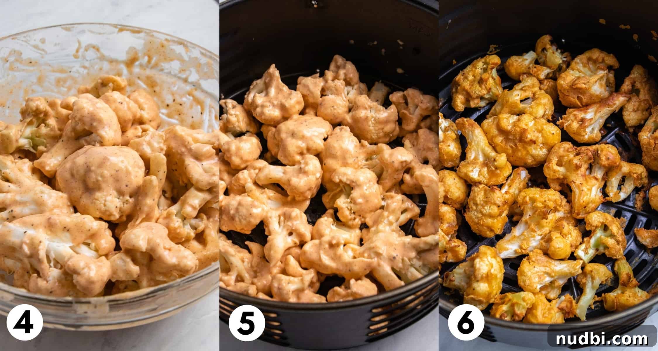 Crispy Air Fryer Buffalo Cauliflower Bites 5 Cauliflower in air fryer with batter.