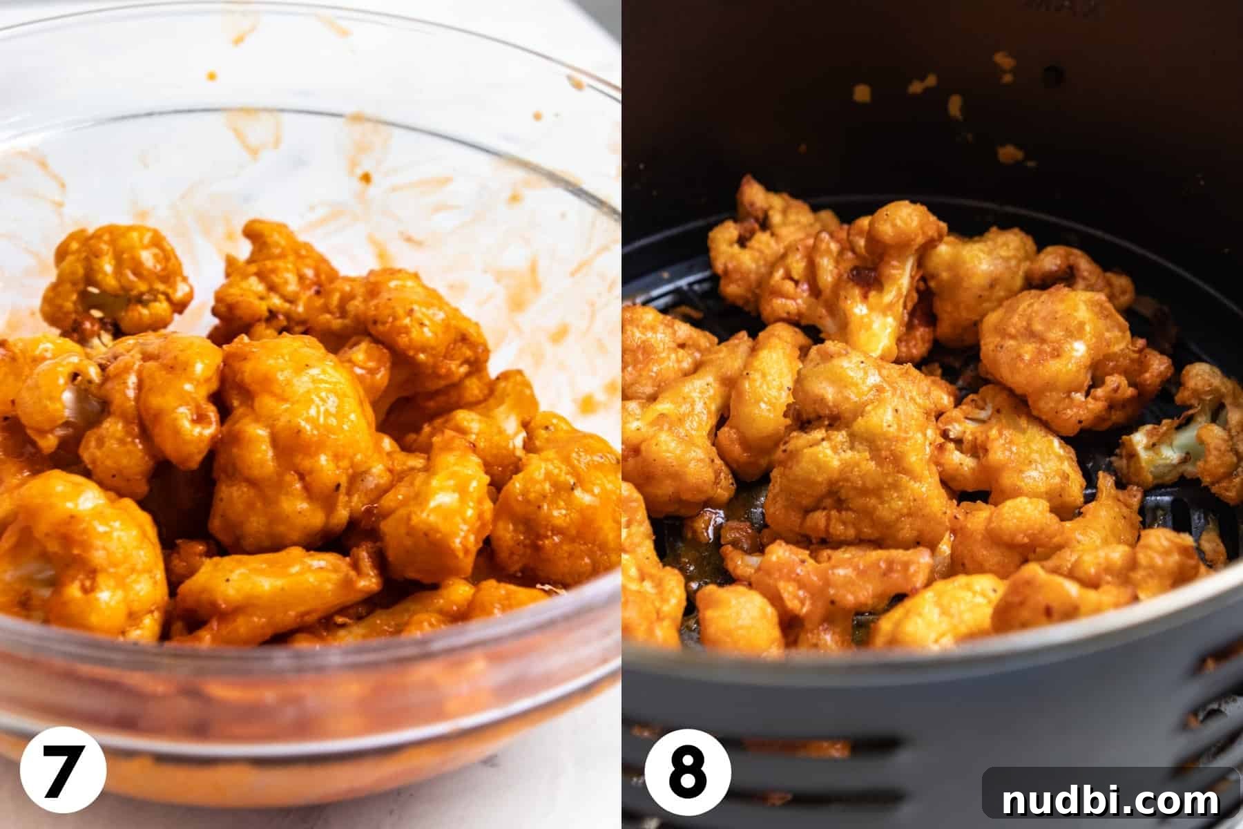 Crispy Air Fryer Buffalo Cauliflower Bites 6 Buffalo sauce tossed with cauliflower and then added to air fryer.