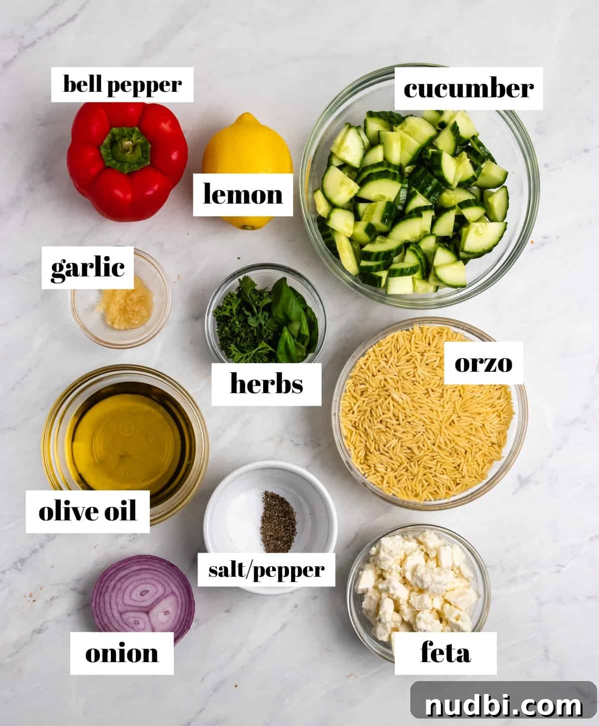 Lemon Orzo Salad with Feta, Herbs & Olive Oil Dressing 4 Cucumber, pepper, orzo, lemon, onion and other ingredients labeled on counter.