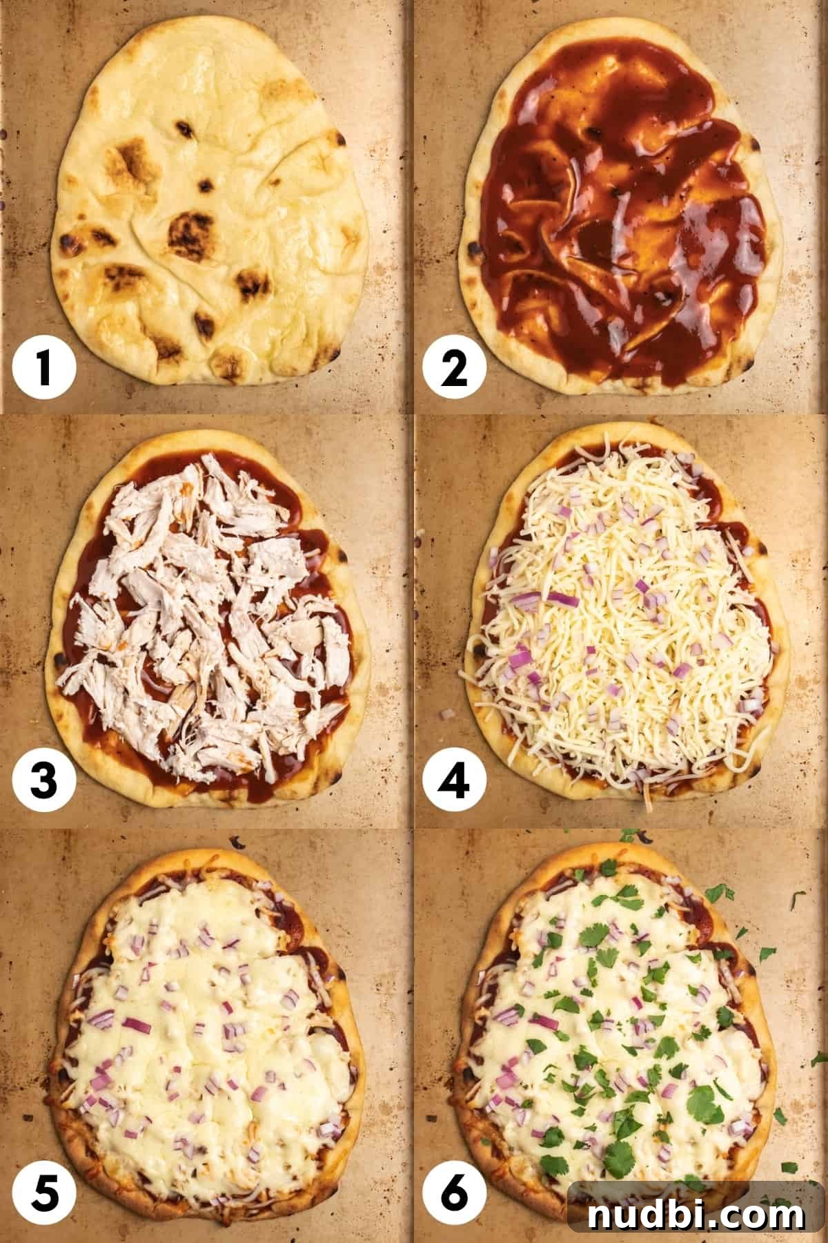 BBQ Ranch Chicken Flatbread Recipe — Crispy, Flavor-Packed Meal 4 Naan with BBQ sauce, cheese and chicken added and then baked.