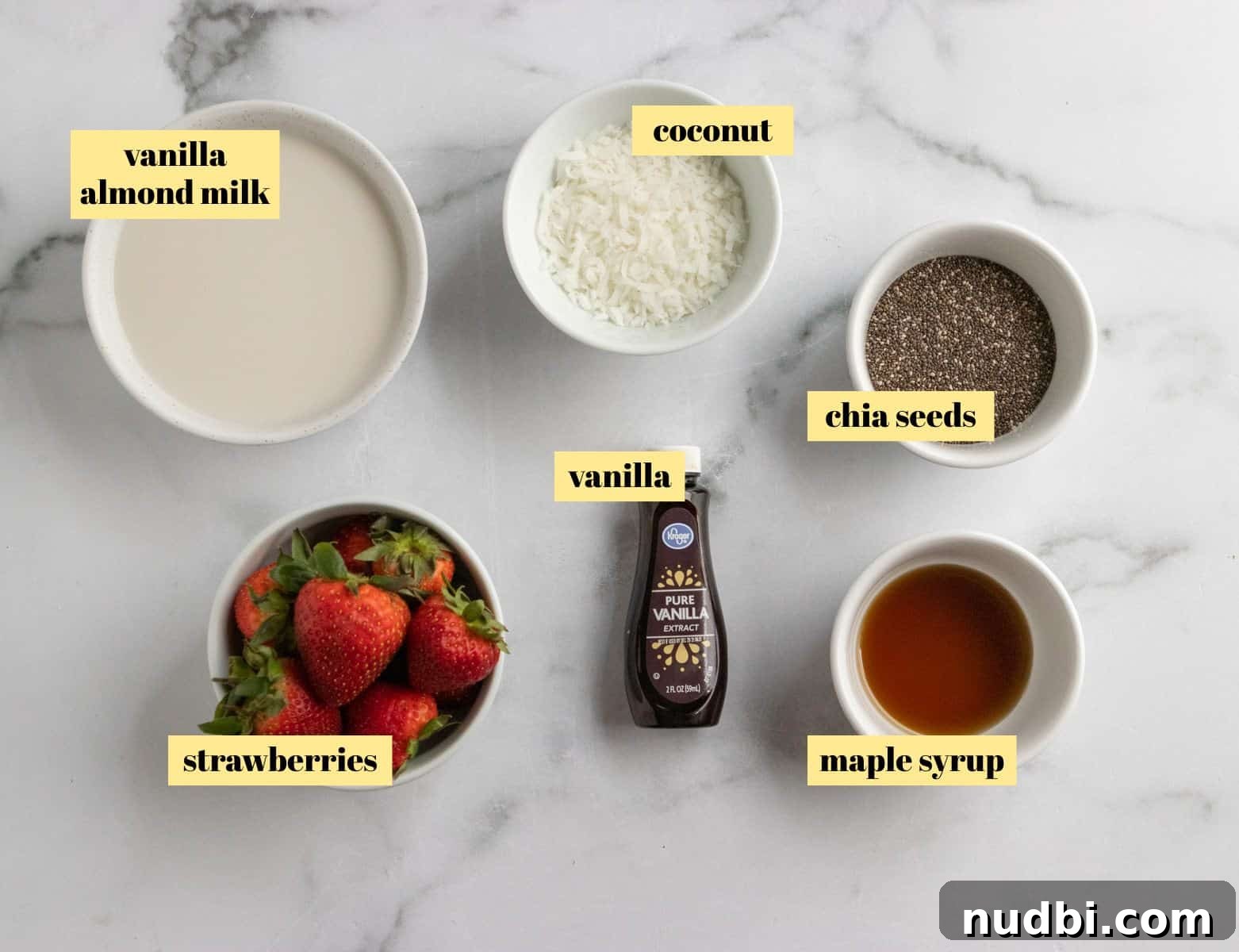 Coconut Vanilla Chia Pudding with Fresh Strawberries 3 Ingredients to make recipe.