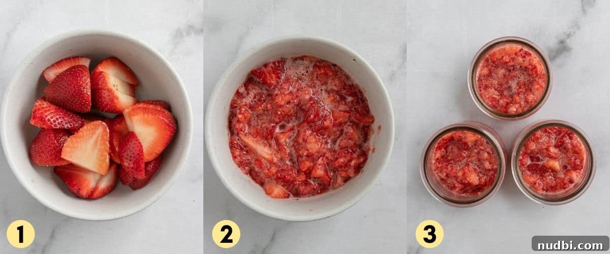 Coconut Vanilla Chia Pudding with Fresh Strawberries 4 Strawberries mashed in bowl.