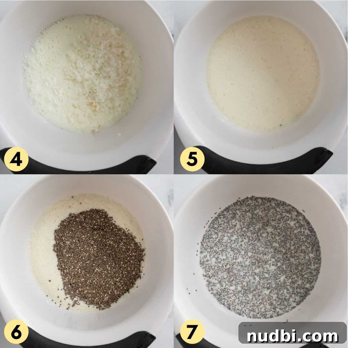 Coconut Vanilla Chia Pudding with Fresh Strawberries 5 Process photos with whisked chia seeds in milk in white bowl.