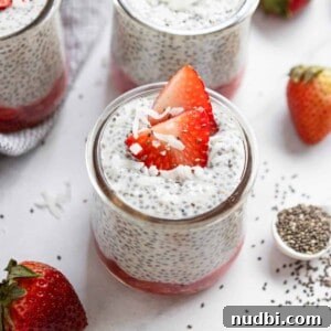 Coconut Vanilla Chia Pudding with Fresh Strawberries 7 Vanilla Chia Seed Pudding in jar with strawberries.