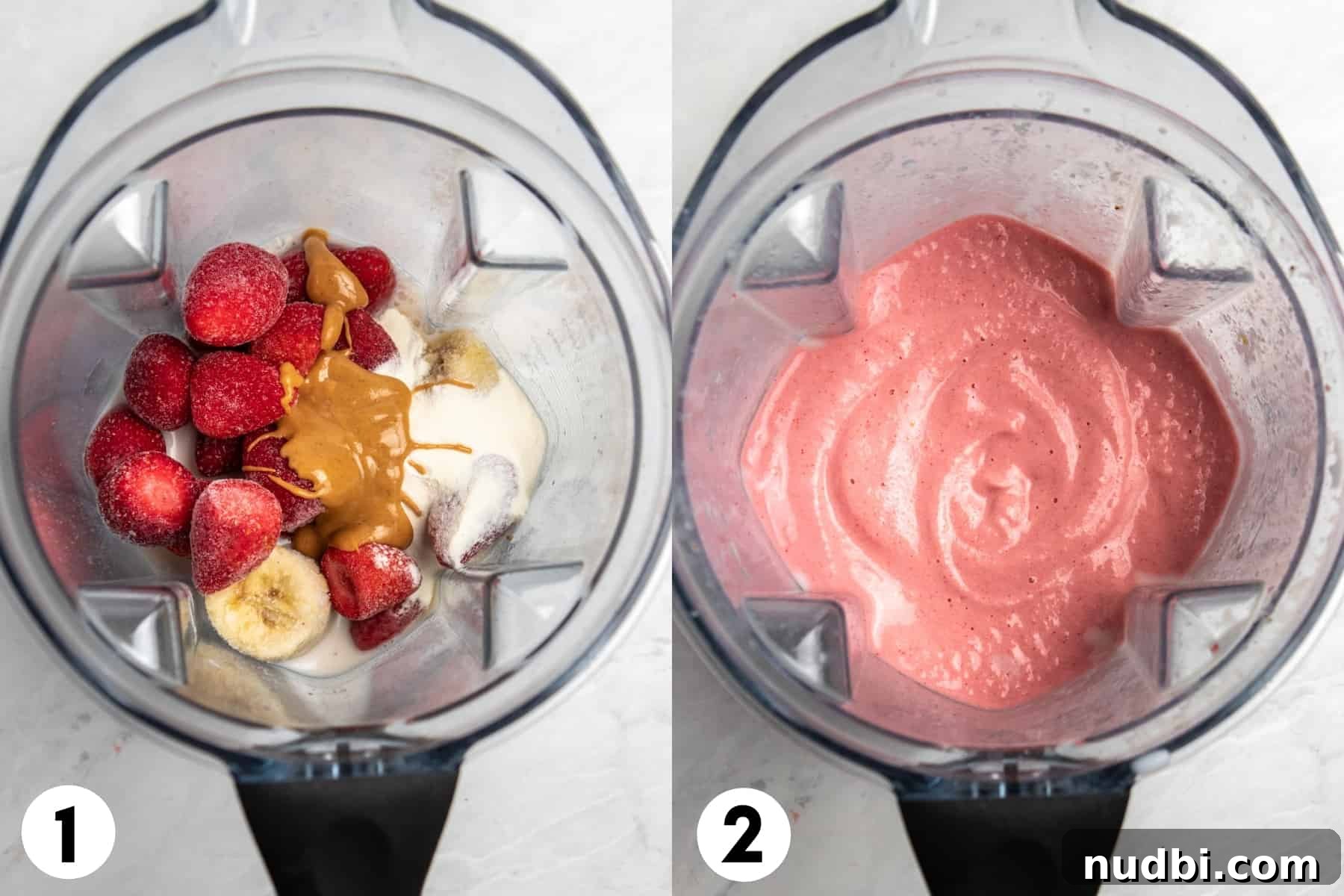 Strawberry Peanut Butter Smoothie Recipe for Creamy Protein Boost 4 Smoothie ingredients in blender before blended and after.