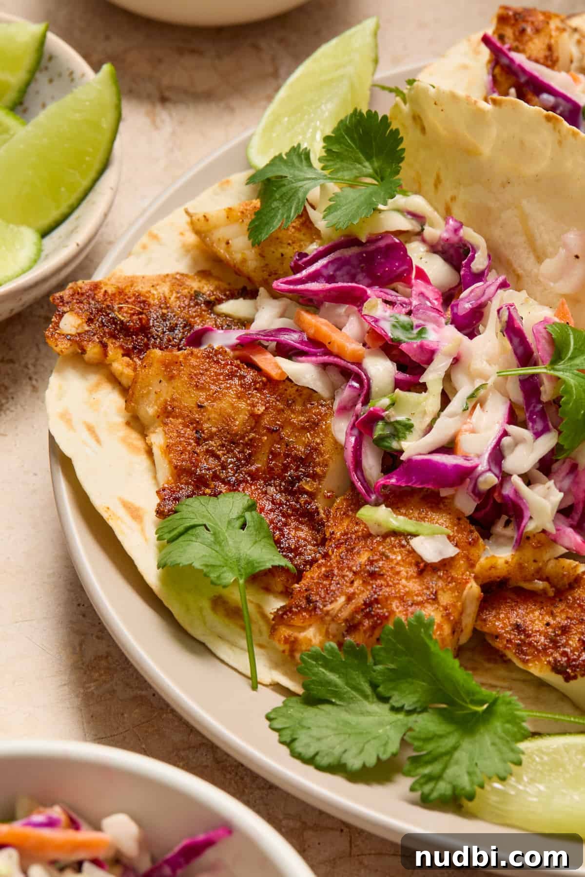 Crispy Air Fryer Fish Tacos with Cilantro-Lime Slaw 2 Air fryer fish tacos on white plate with slaw and fresh cilantro.
