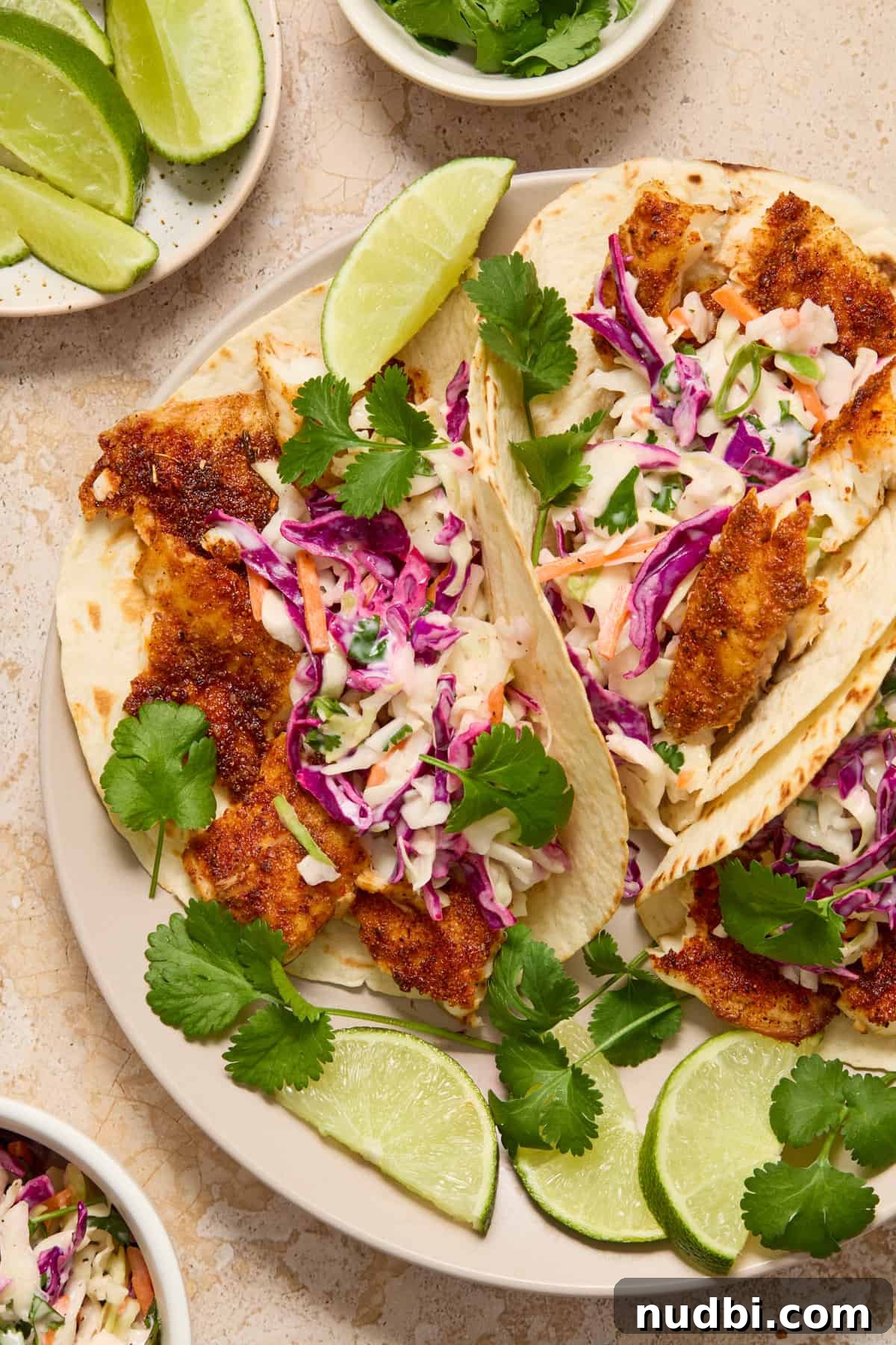 Crispy Air Fryer Fish Tacos with Cilantro-Lime Slaw 11 Overhead view of tacos on plate with slaw.