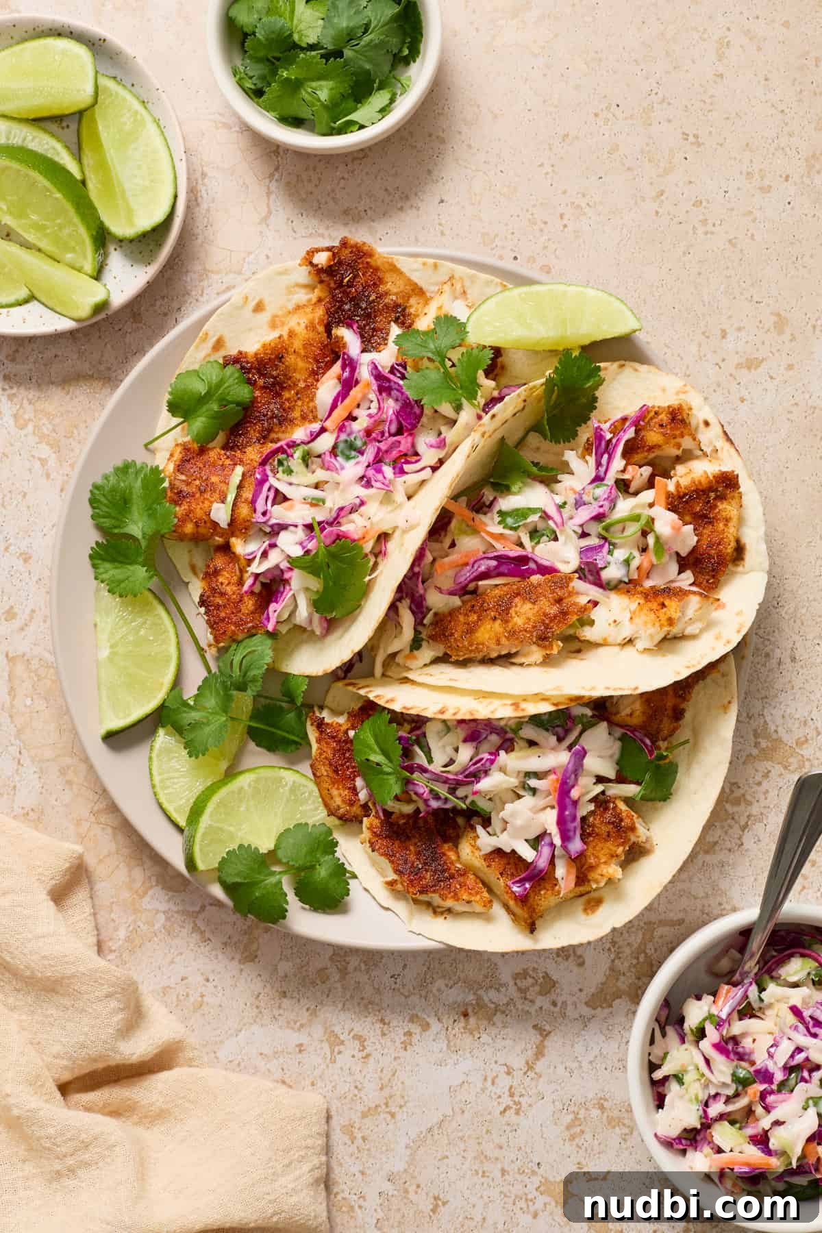 Crispy Air Fryer Fish Tacos with Cilantro-Lime Slaw 3 Air fryer fish tacos on white plate with lime.