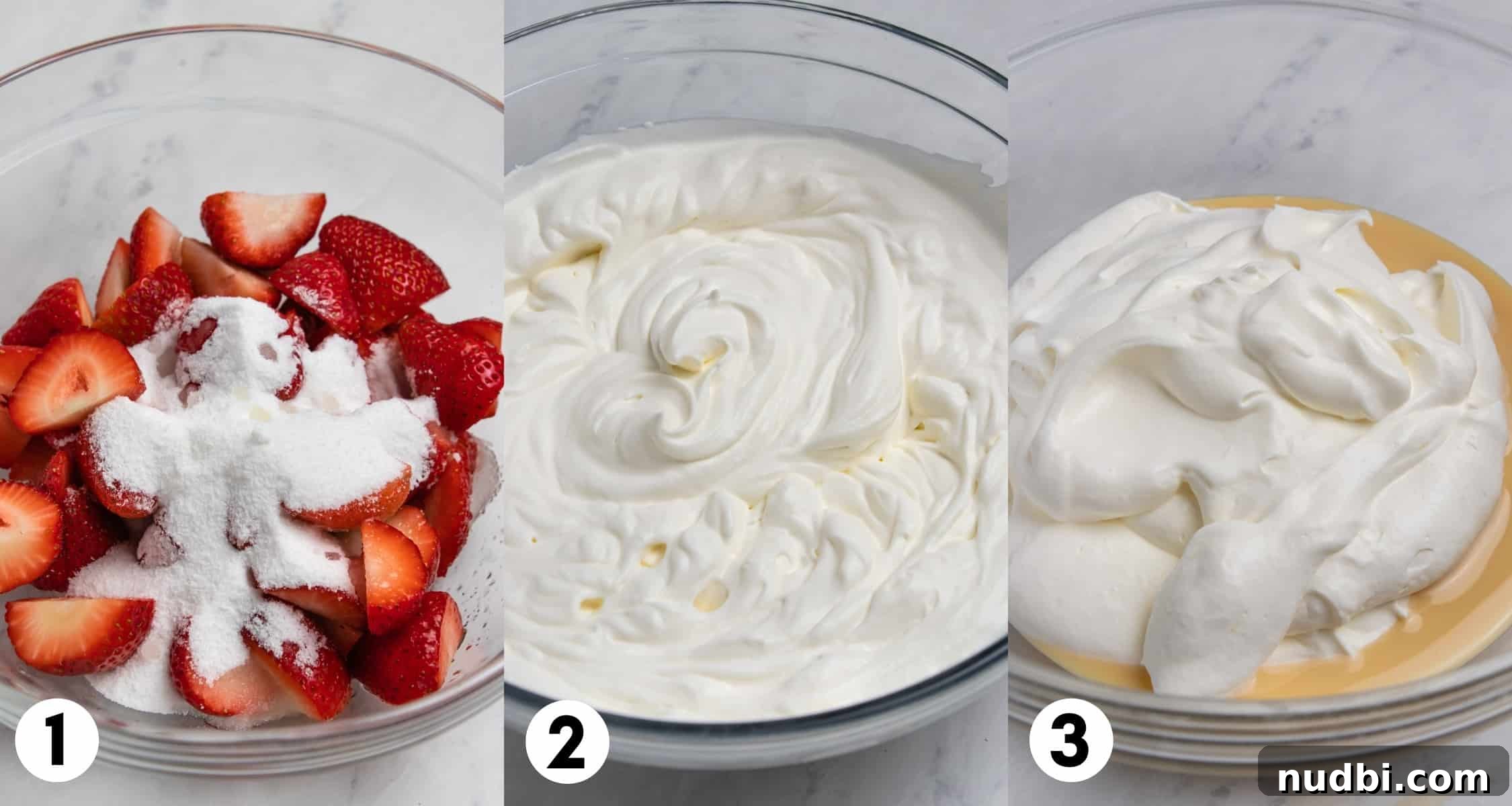 Creamy No-Churn Strawberry Ice Cream Recipe 4 Strawberries on bowl with sugar, whipped cream in a next bowl and then added to condensed milk.