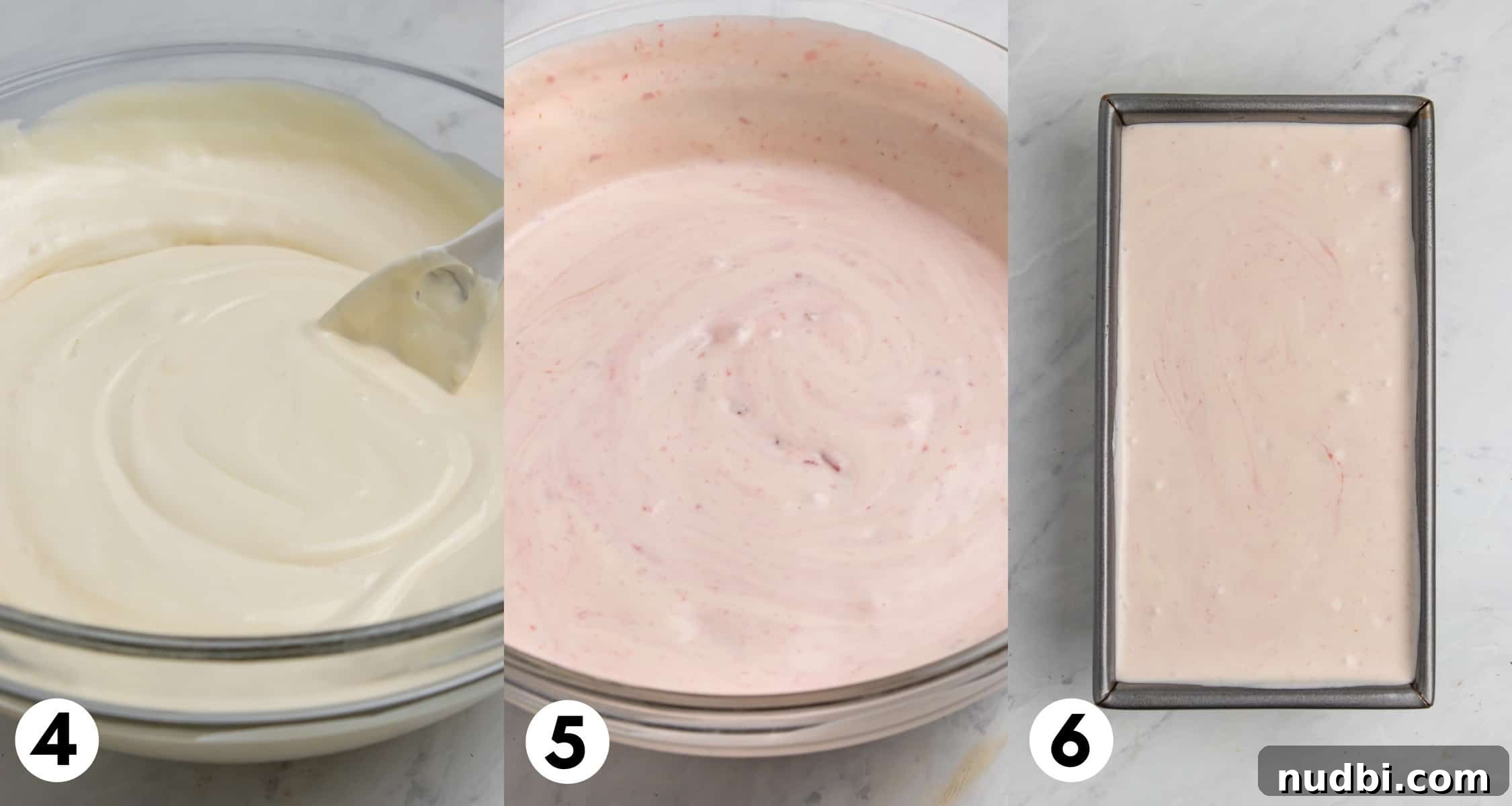 Creamy No-Churn Strawberry Ice Cream Recipe 5 Ice cream mixture in bowl and then added to bread pan.