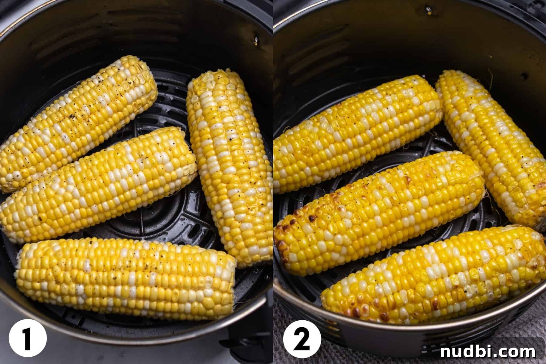 Cilantro Lime Butter Corn on the Cob (Air Fryer Recipe) 4 Corn in air fryer basket before and then after air frying.