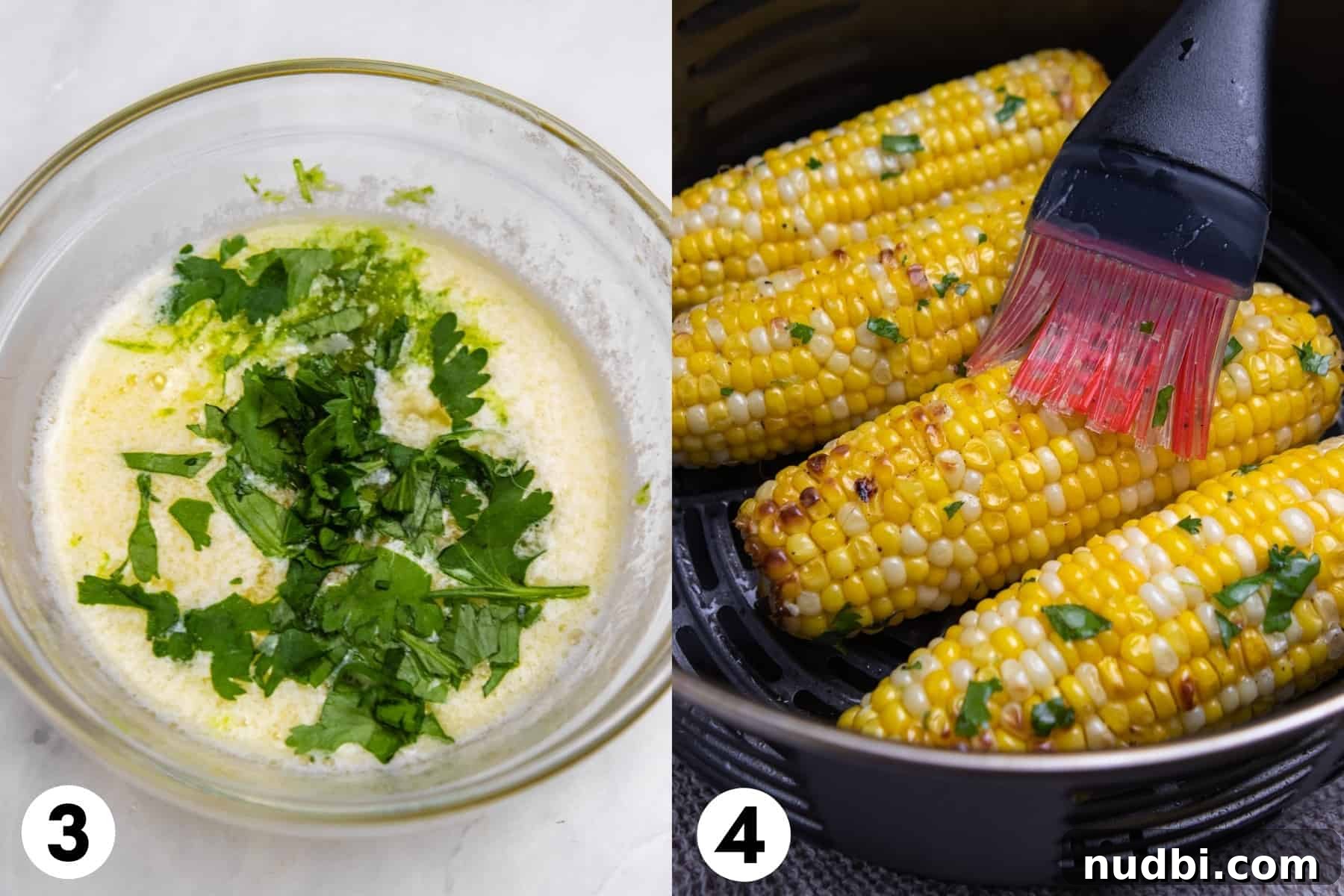 Cilantro Lime Butter Corn on the Cob (Air Fryer Recipe) 5 Cilantro lime butter sauce in bowl and then brushed onto corn.