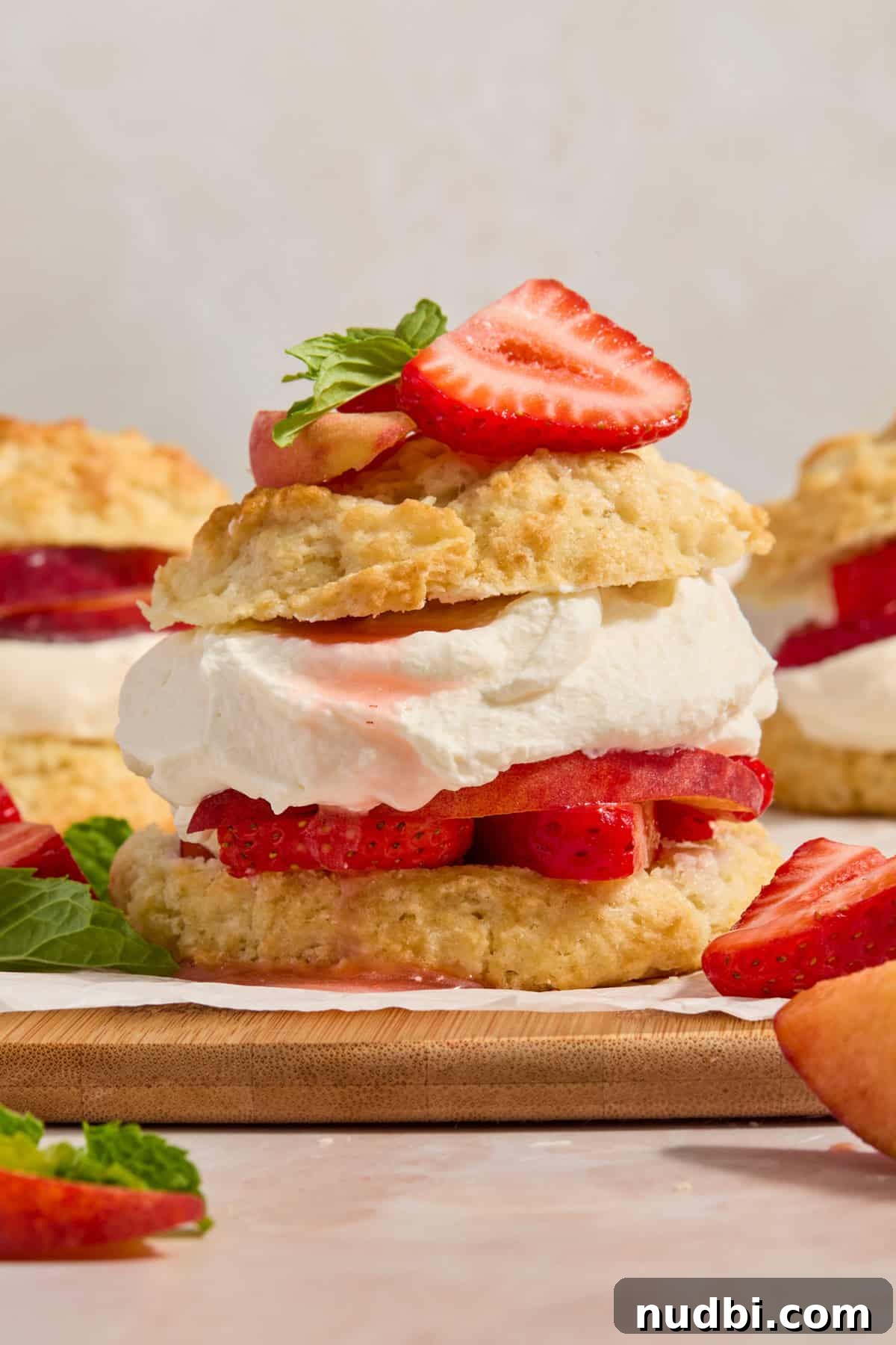 Strawberry and Peach Shortcake Recipe | Summer Dessert Guide 2 Strawberry peach shortcake on white parchment on board with fresh mint leaves.