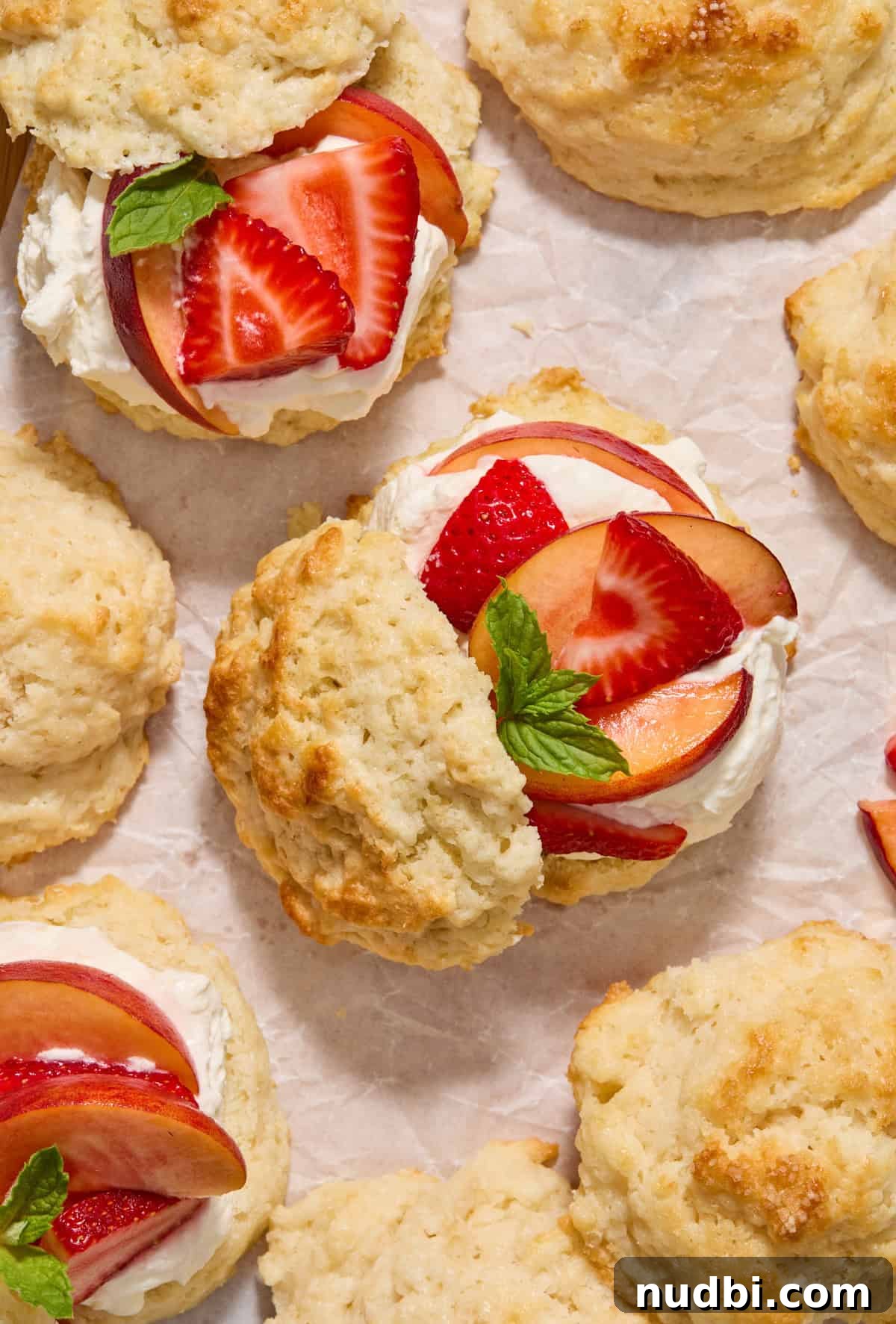 Strawberry and Peach Shortcake Recipe | Summer Dessert Guide 12 Overhead view of strawberry peach shortcakes with buttermilk biscuit tops propped to the side to show fruit and mint leaves on whipped cream.