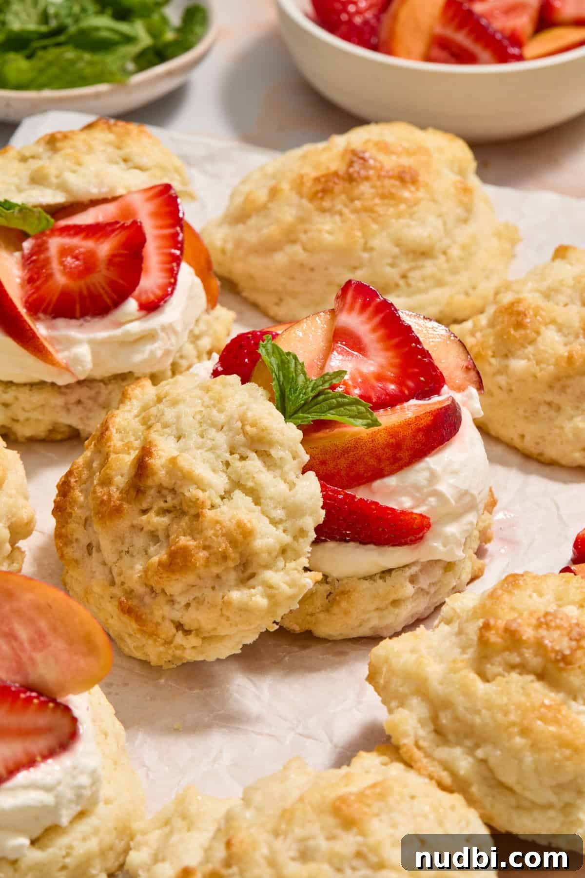 Strawberry and Peach Shortcake Recipe | Summer Dessert Guide 14 Peach and strawberry shortcakes layered with whipped cream and biscuit tops propped to the side of bottom half.