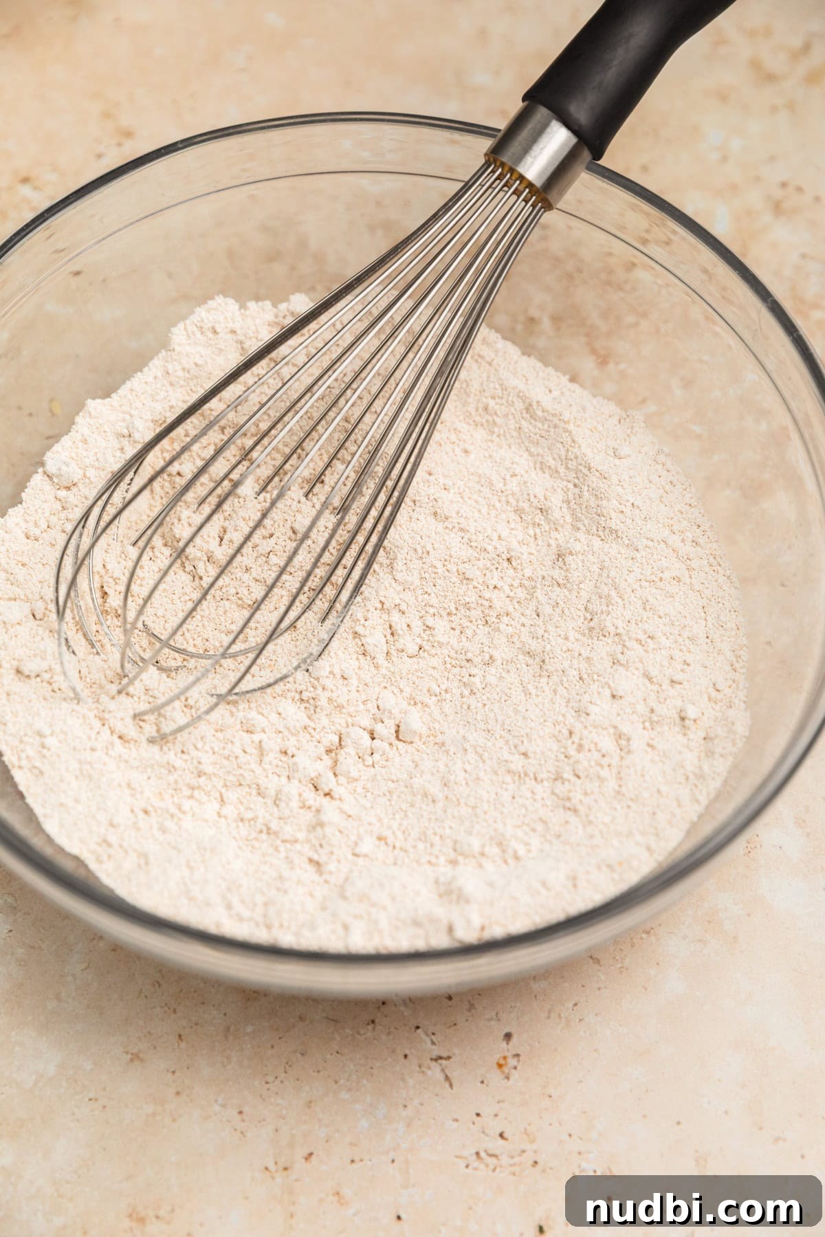 Apple Cinnamon Oatmeal Pancakes Recipe: Fluffy, Whole-Grain Breakfast 8 A bowl of oat flour with a whisk in it.