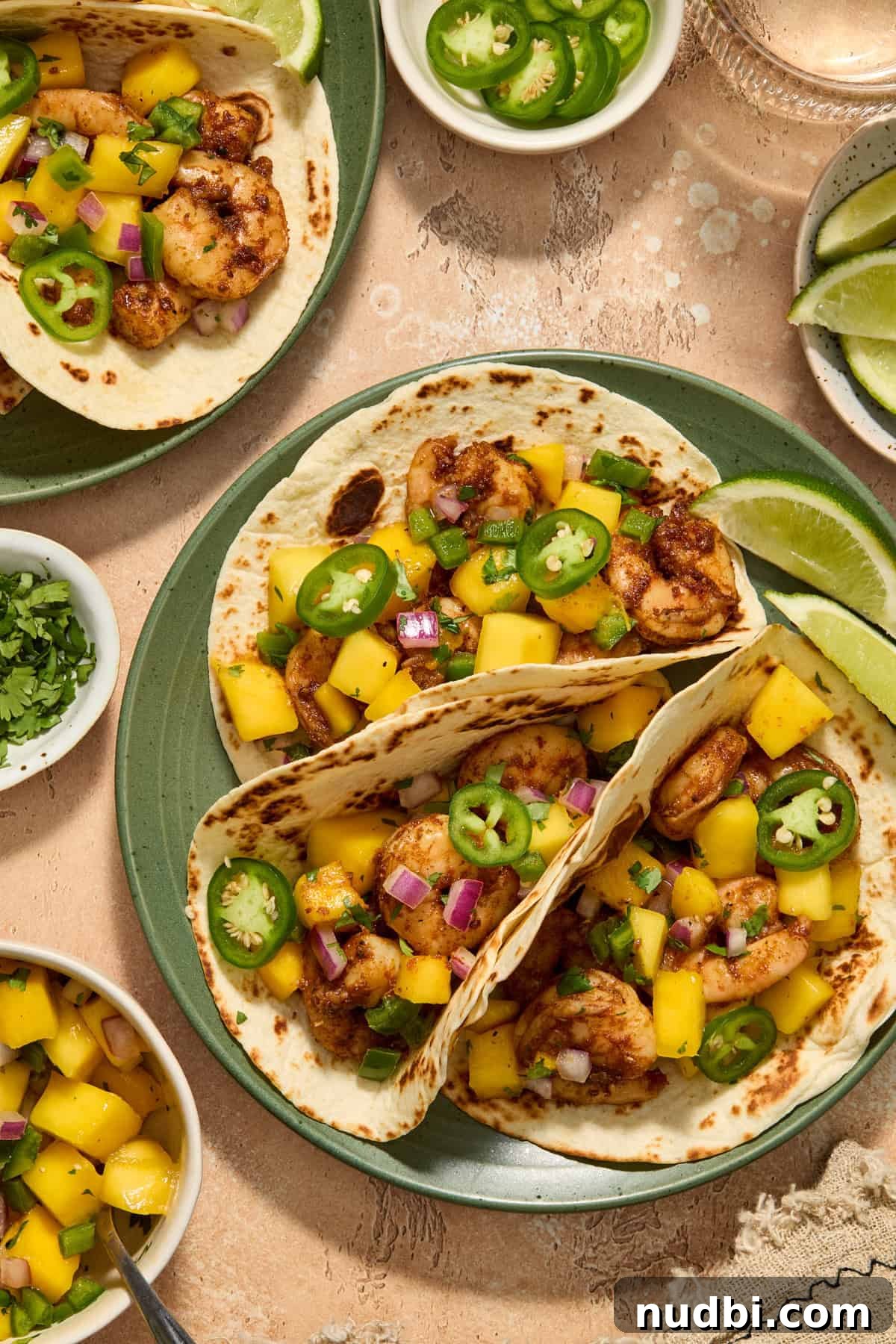 Mango Salsa Shrimp Tacos with Lime Crema 2 Spicy shrimp tacos on green plate topped with mango salsa, sliced jalapeño and lime wedges on the side.