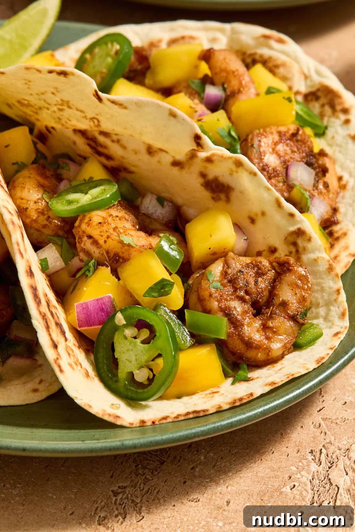 Mango Salsa Shrimp Tacos with Lime Crema 3 Spicy shrimp tacos on plate topped with mango salsa, cilantro and sliced jalapeños.