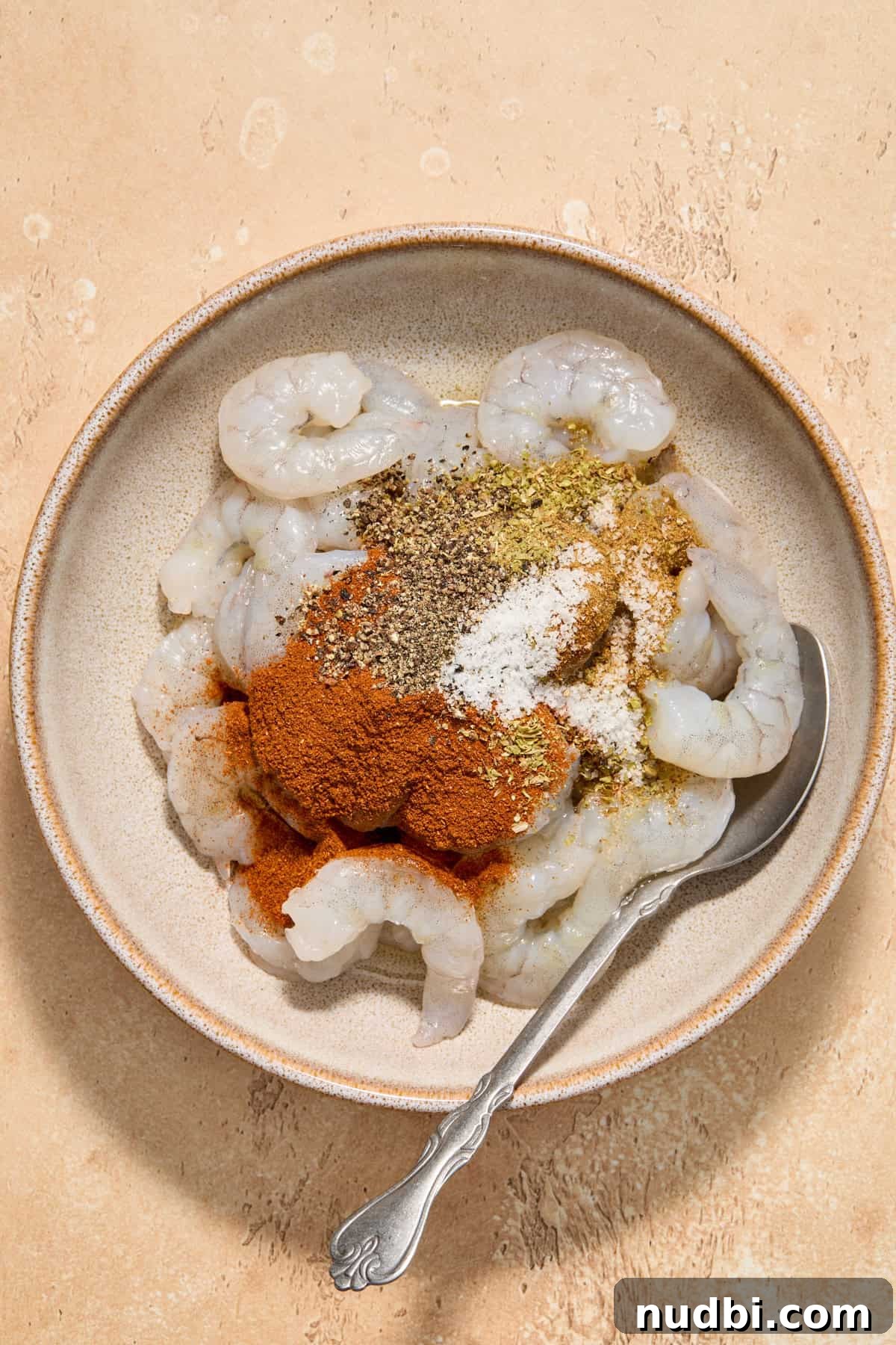 Mango Salsa Shrimp Tacos with Lime Crema 5 Chili powder, garlic powder and other seasoning on raw shrimp in bowl with spoon.