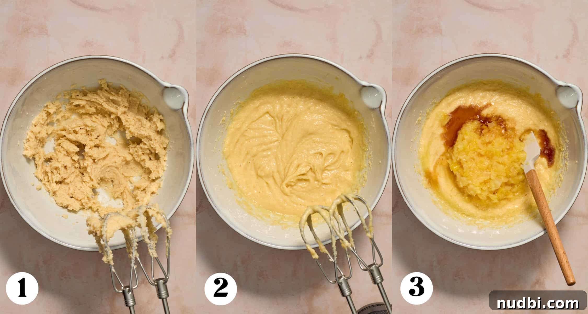 Pineapple Cupcakes with Cherry Buttercream Frosting 4 Creamed butter and sugar in mixing bowl and then other ingredients added to the bowl.