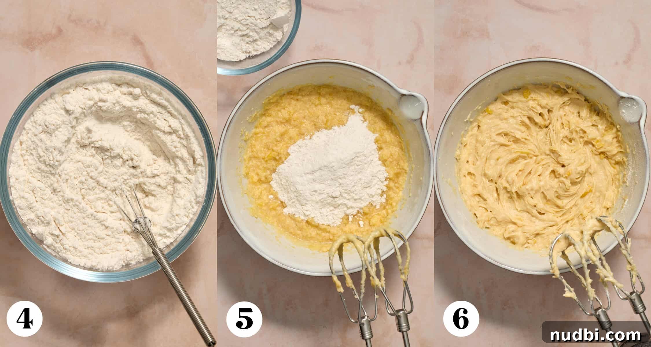 Pineapple Cupcakes with Cherry Buttercream Frosting 5 Cupcake process photos showing dry ingredients added in.