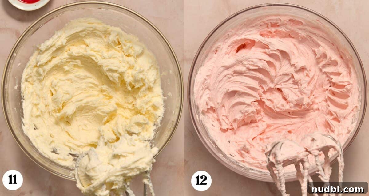 Pineapple Cupcakes with Cherry Buttercream Frosting 6 Cherry buttercream frosting being mixed together in mixing bowl.
