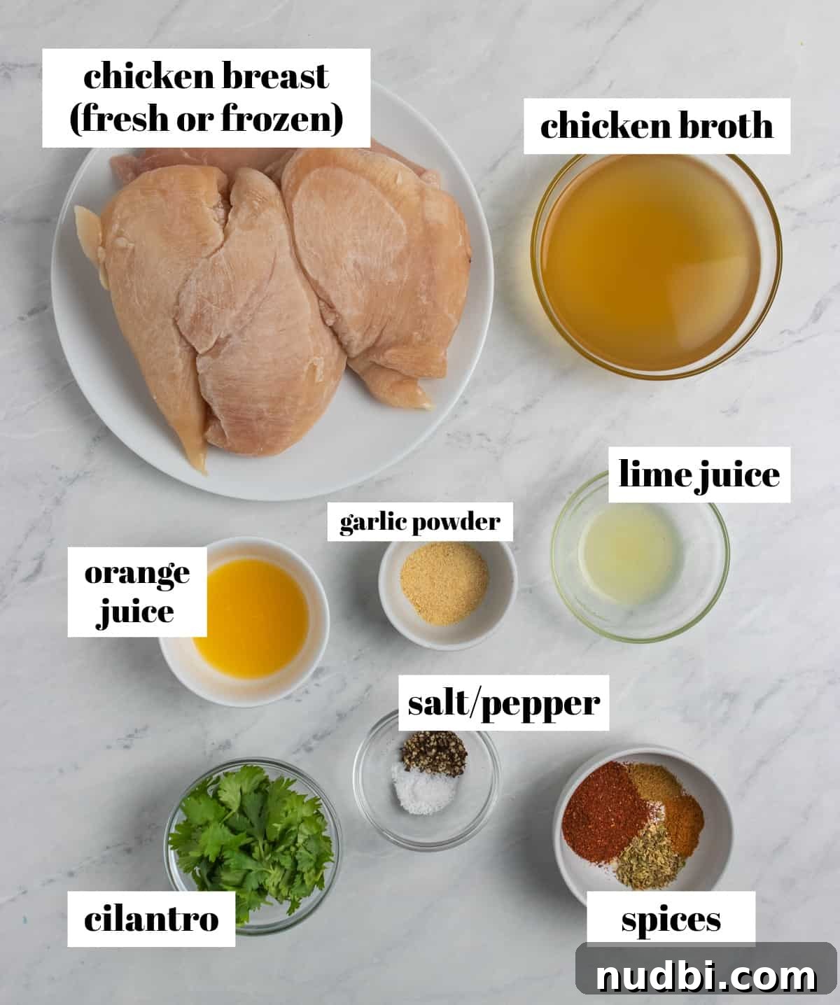 Instant Pot Shredded Chicken Tacos Recipe (30-Minute) 3 Broth, frozen chicken breast, spices and ingredients labeled on counter.