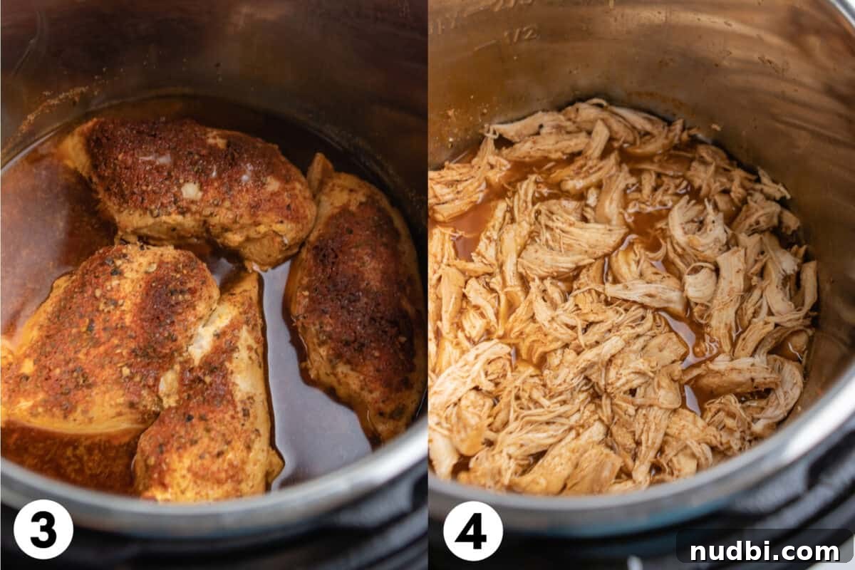 Instant Pot Shredded Chicken Tacos Recipe (30-Minute) 4 Chicken cooked in the Instant Pot and then shredded in juices.