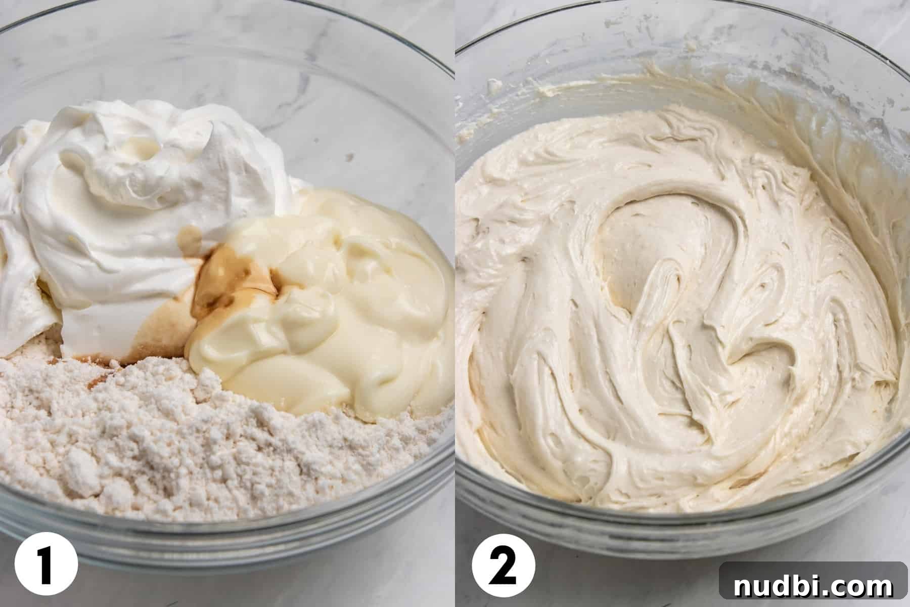 Patriotic Funfetti Dip Recipe for 4th of July Parties 6 Cake mix and other ingredients in mixing bowl and then after mixed.