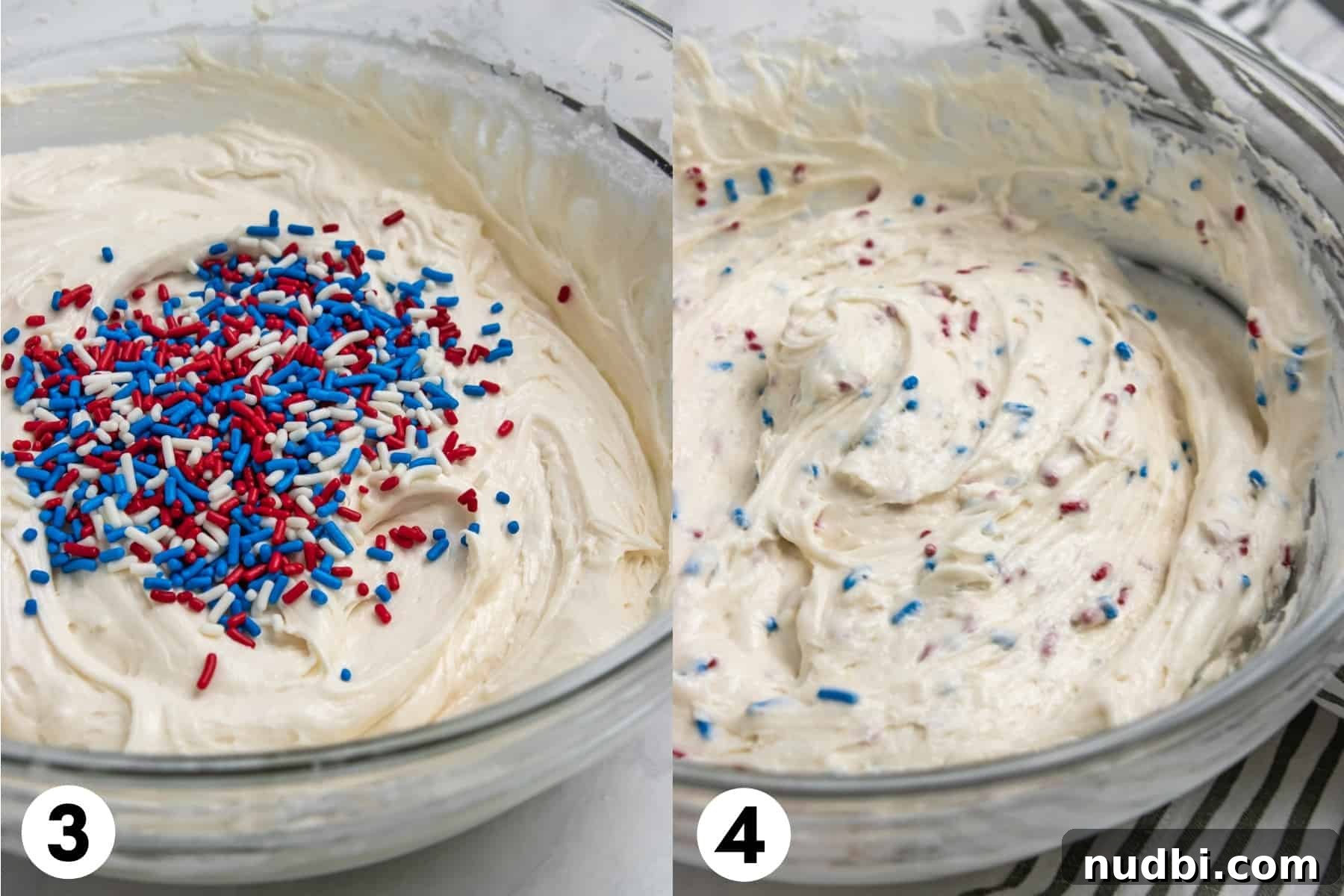 Patriotic Funfetti Dip Recipe for 4th of July Parties 7 Sprinkles on top of funfetti cake dip batter before and then after stirring in.
