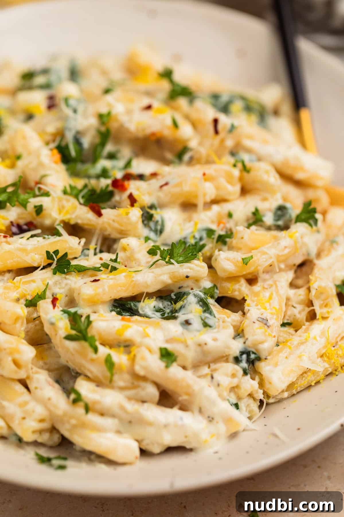 20-Minute Lemon Ricotta Pasta Recipe for Creamy Weeknight Meals 2 Plate with lemon ricotta pasta served with lemon zest over top.