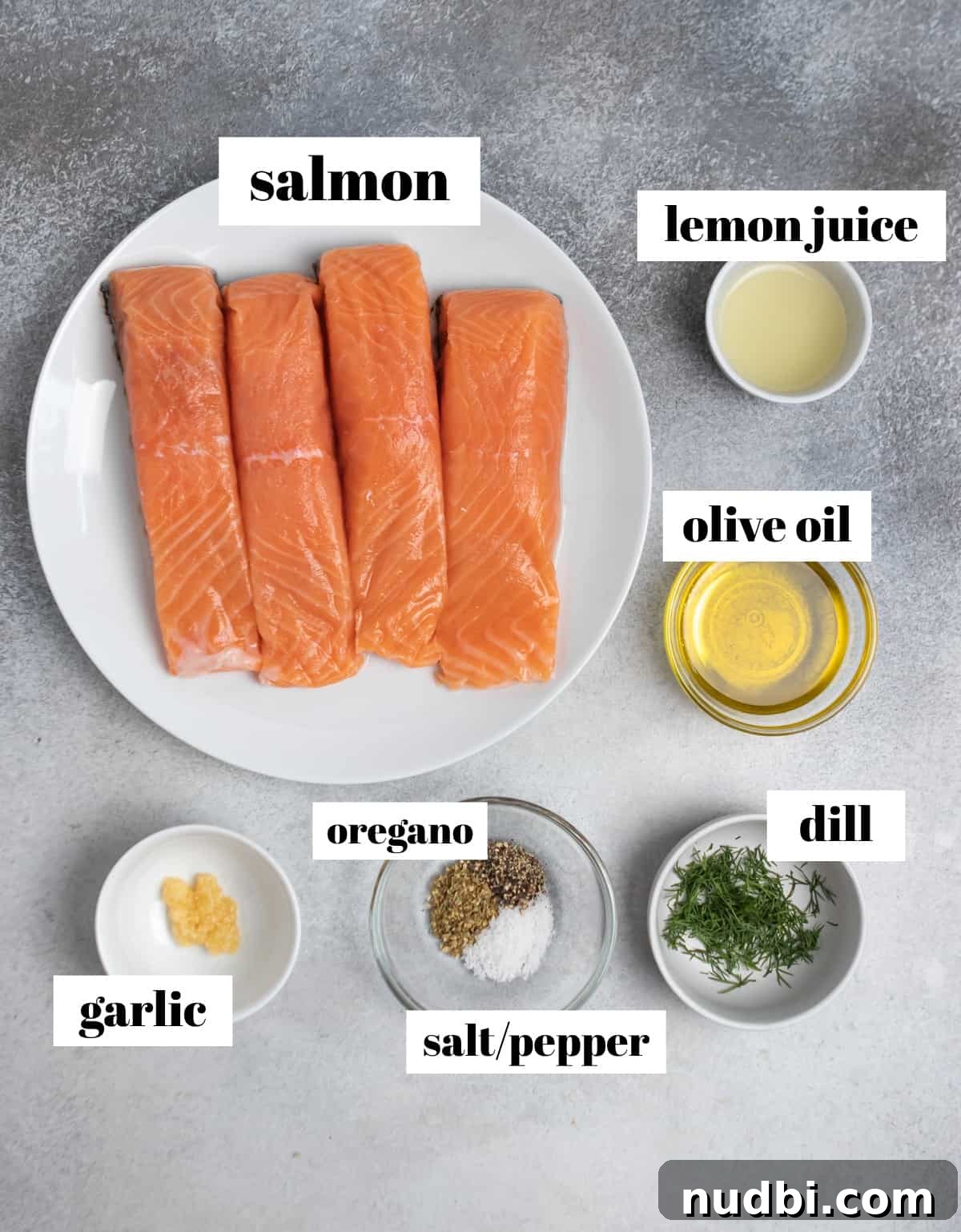 Greek Salmon Rice Bowls with Tzatziki & Lemon Dill Rice 3 Salmon, lemon juice, dill, spices and other ingredients labeled on counter.