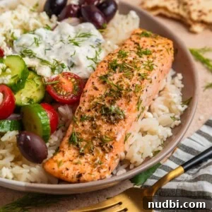 Greek Salmon Rice Bowls with Tzatziki & Lemon Dill Rice 10 Baked salmon filet with oregano and Greek flavors on top of rice with feta, olives and other toppings.