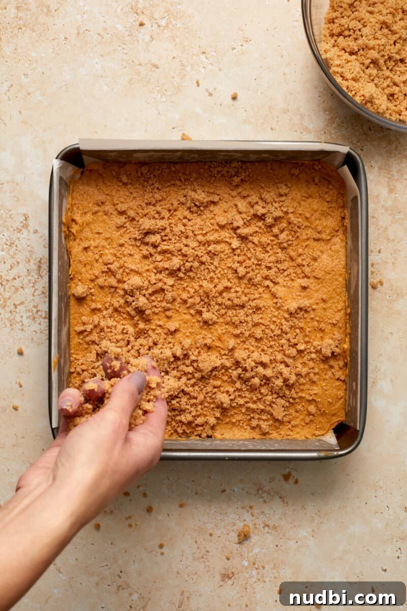 Cinnamon Streusel Pumpkin Coffee Cake Recipe for Fall Baking 13 Streusel topping being sprinkled over pumpkin coffee cake.