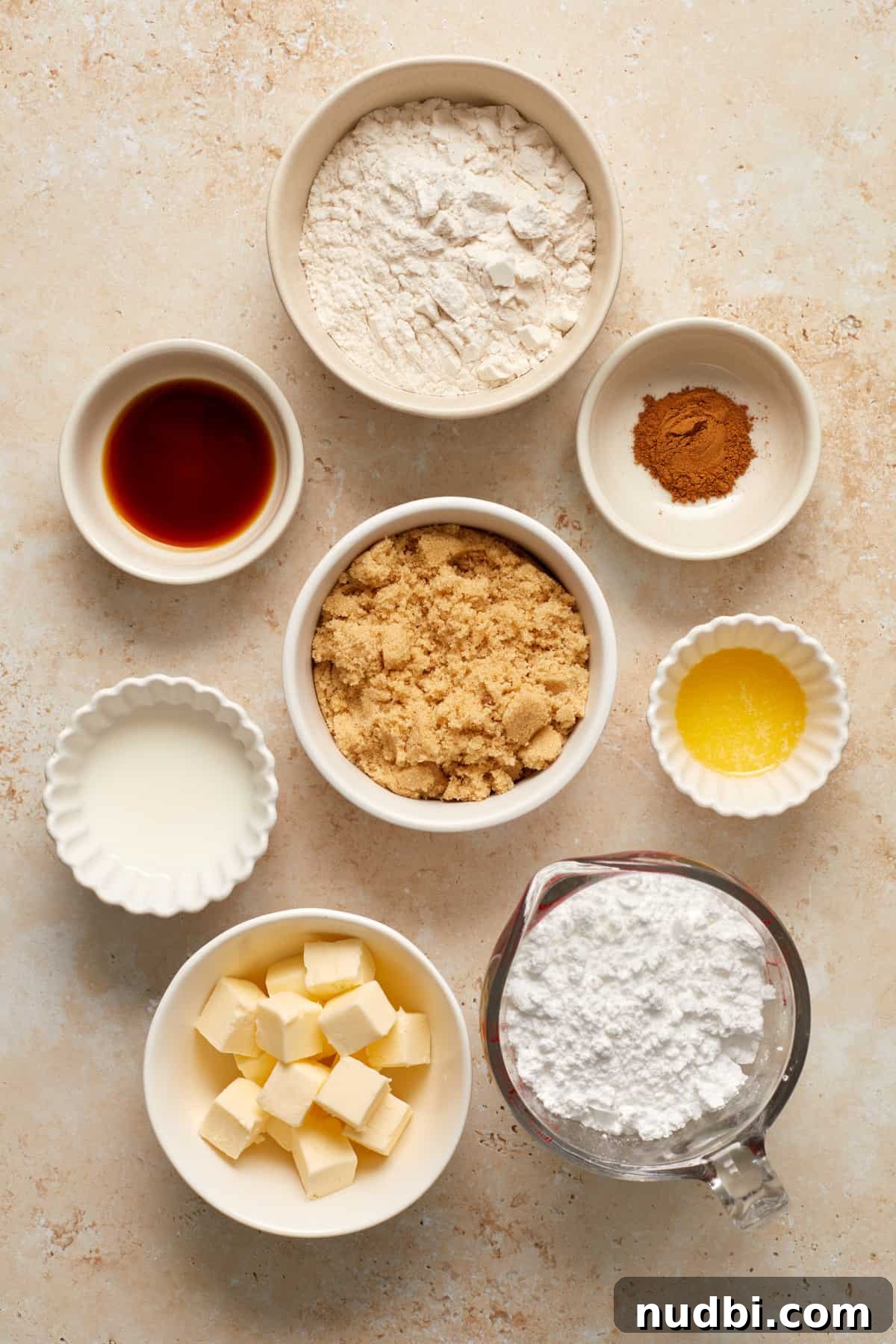 Cinnamon Streusel Pumpkin Coffee Cake Recipe for Fall Baking 5 Flour, butter, powdered sugar and other ingredients on counter.
