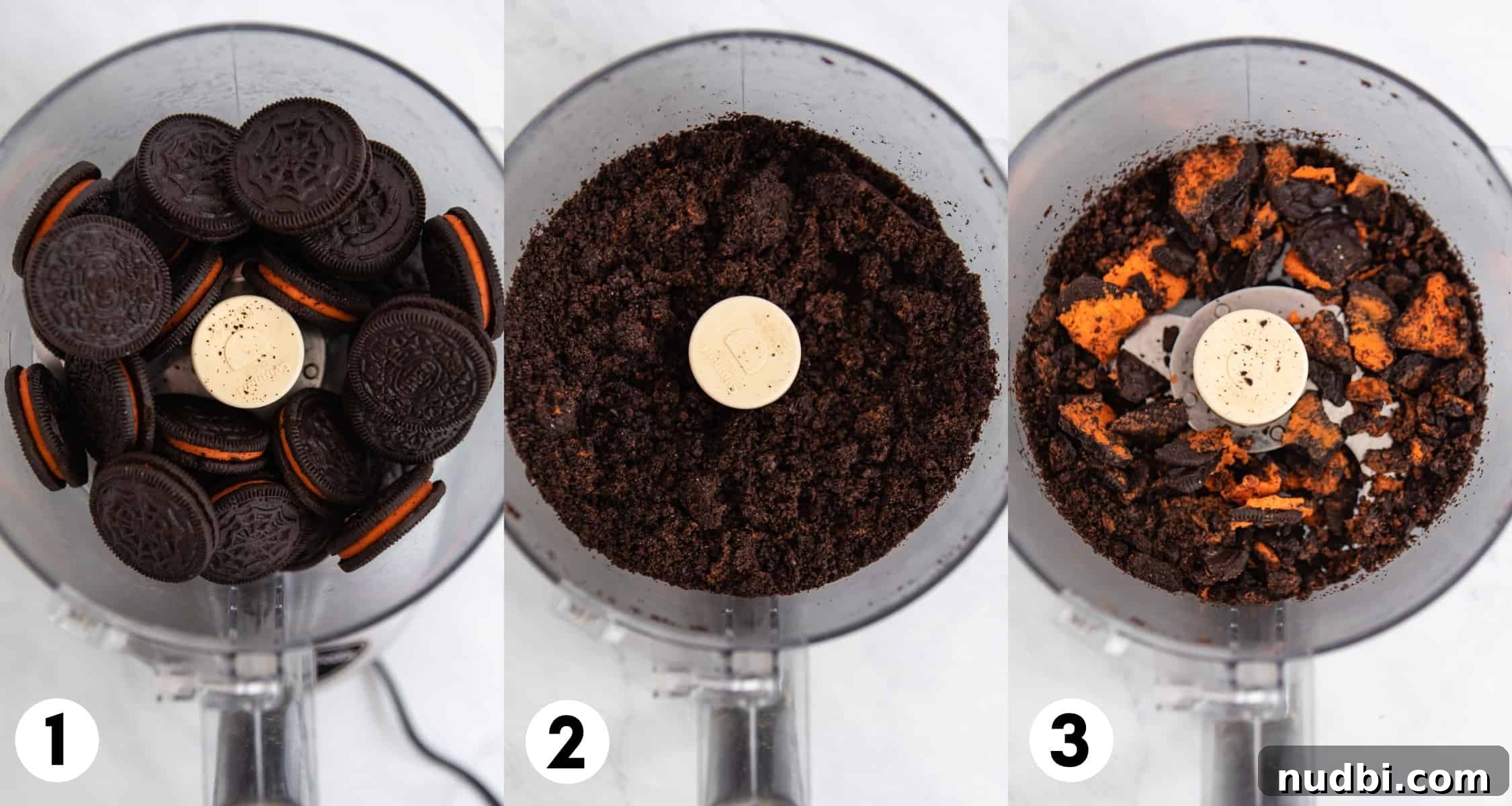 Halloween Oreo Dirt Cake Recipe for Spooky No-Bake Dessert 4 Oreos in food processor before and after being crushed.