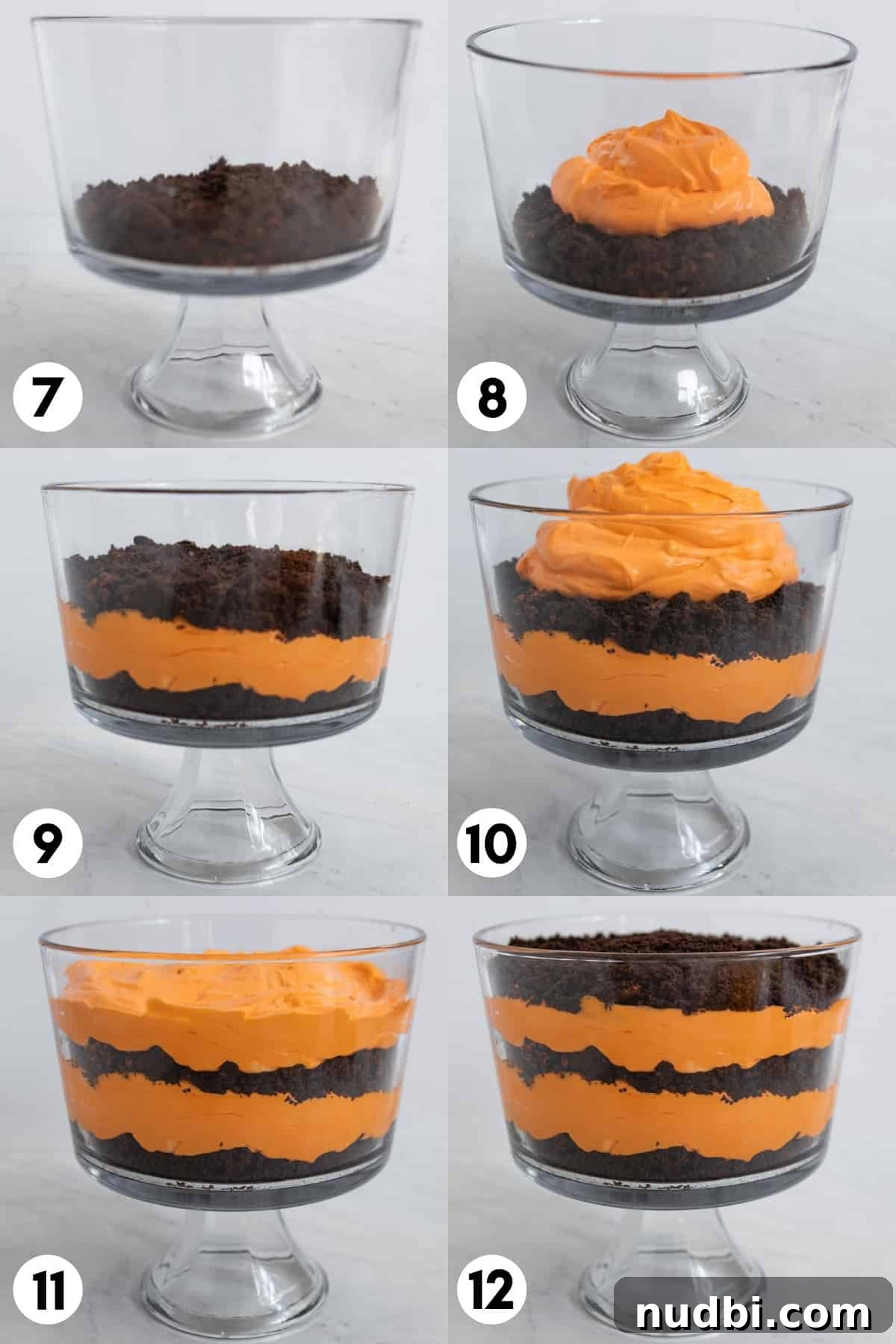 Halloween Oreo Dirt Cake Recipe for Spooky No-Bake Dessert 6 Trifle bowl being layered with crushed Oreos and pudding layered in between.