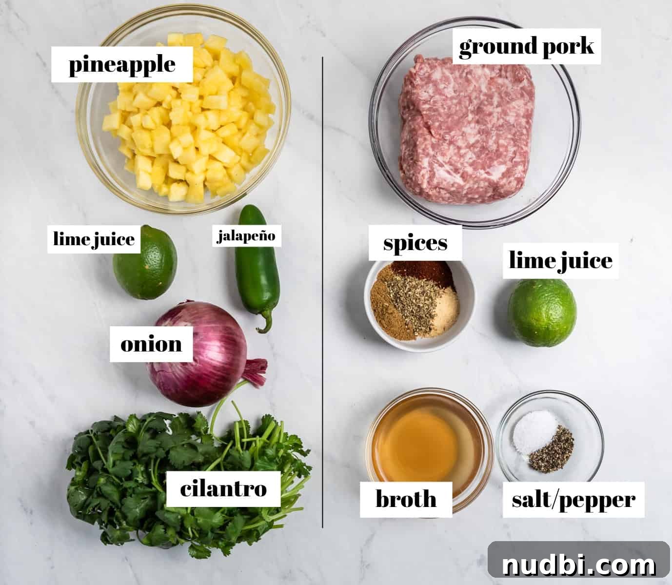 Pineapple Salsa Ground Pork Tacos: Sweet & Spicy Street-Style Recipe 4 Labeled ingredients for pork tacos on white counter.