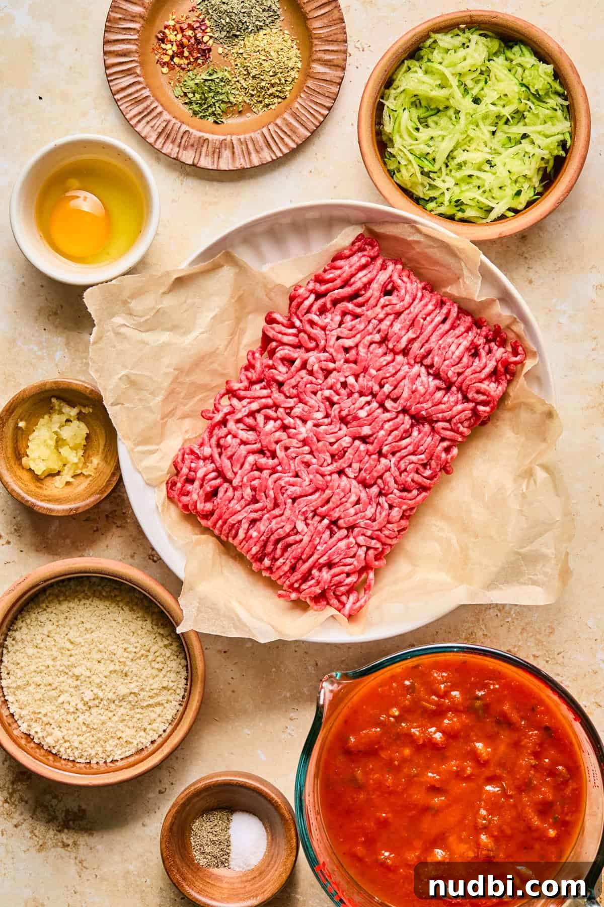 Zucchini and Beef Meatballs with Herb Sauce 4 Ground beef, marinara, shredded zucchini and other ingredients on surface.