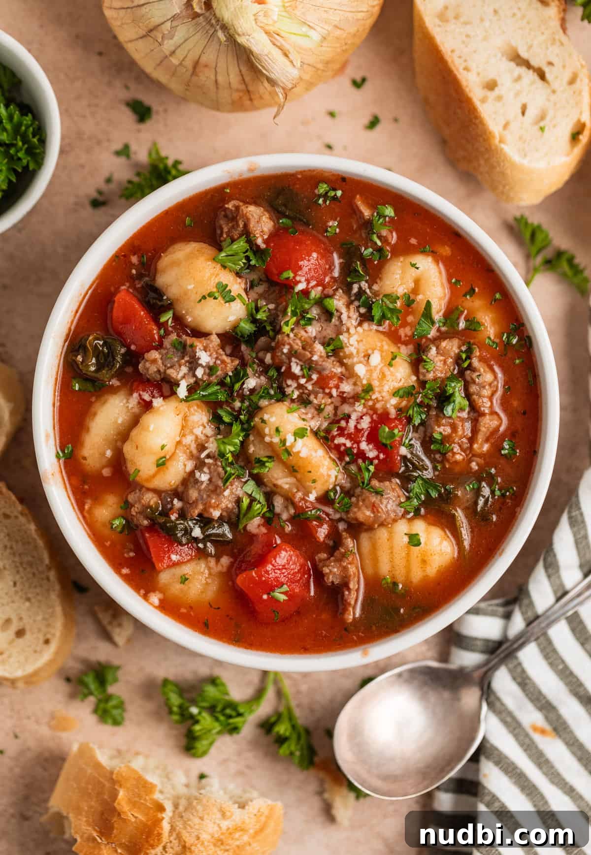 Creamy Italian Sausage Gnocchi Soup Recipe 2 Overhead view of 30 minute Italian sausage and gnocchi soup with parmesan on top.