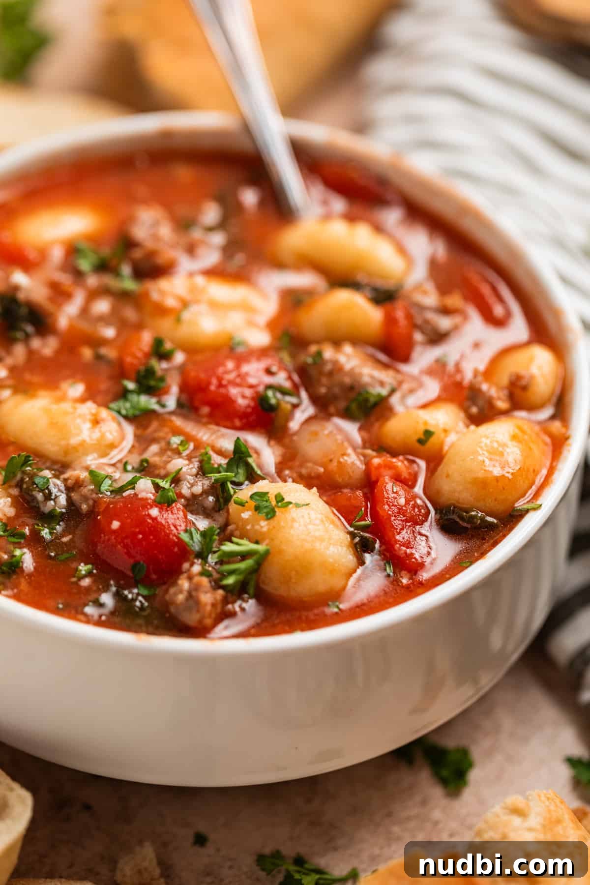 Creamy Italian Sausage Gnocchi Soup Recipe 7 Bowl of sausage gnocchi soup topped with parsley and grated parmesan.