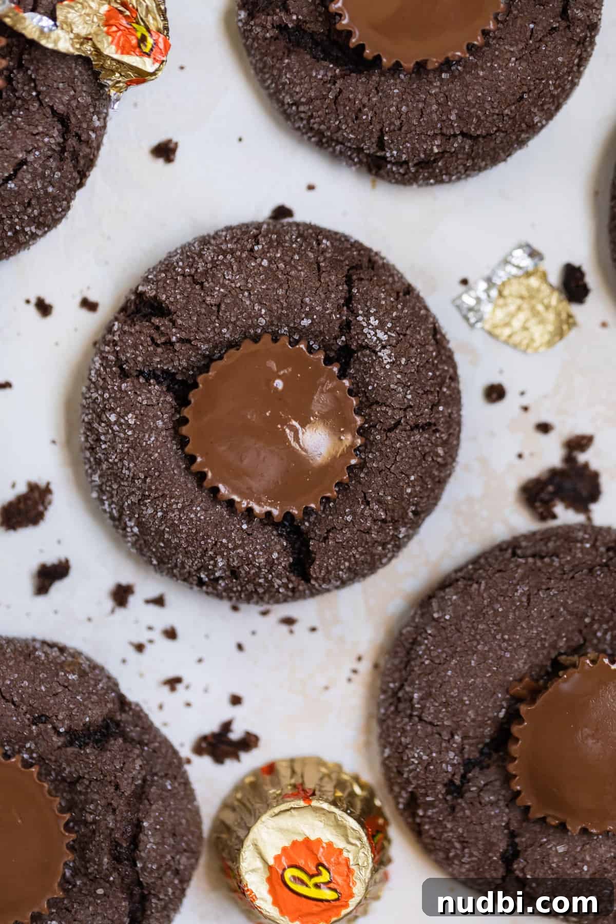 Chewy Chocolate Cake Mix Cookies Recipe for Perfect Cocoa Treats 11 Overhead view of chocolate cake mix cookies with peanut butter cup in center.