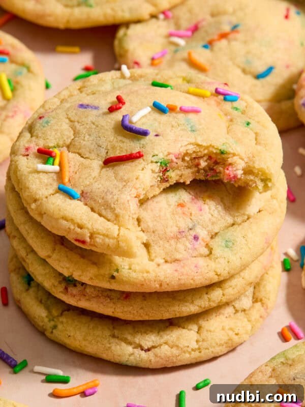 Stack of funfetti rainbow sprinkle filled cookies with bite taken from the cookie on top of stack.