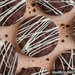 Chewy Chocolate Cake Mix Cookies Recipe for Perfect Cocoa Treats 17 Chocolate cake mix cookies with white chocolate drizzle surrounded by cookie crumbs.