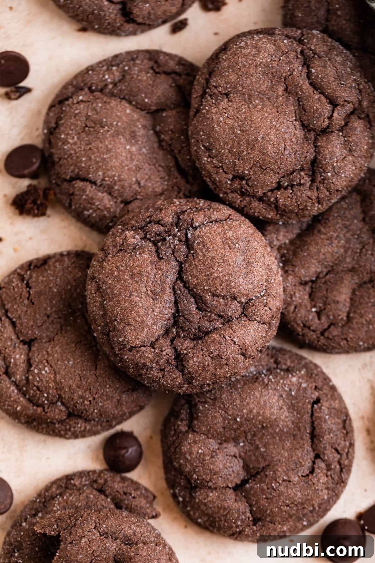 Chewy Chocolate Cake Mix Cookies Recipe for Perfect Cocoa Treats 10 Chocolate cookies arranged on counter with chocolate chips and crumbs surrounding.