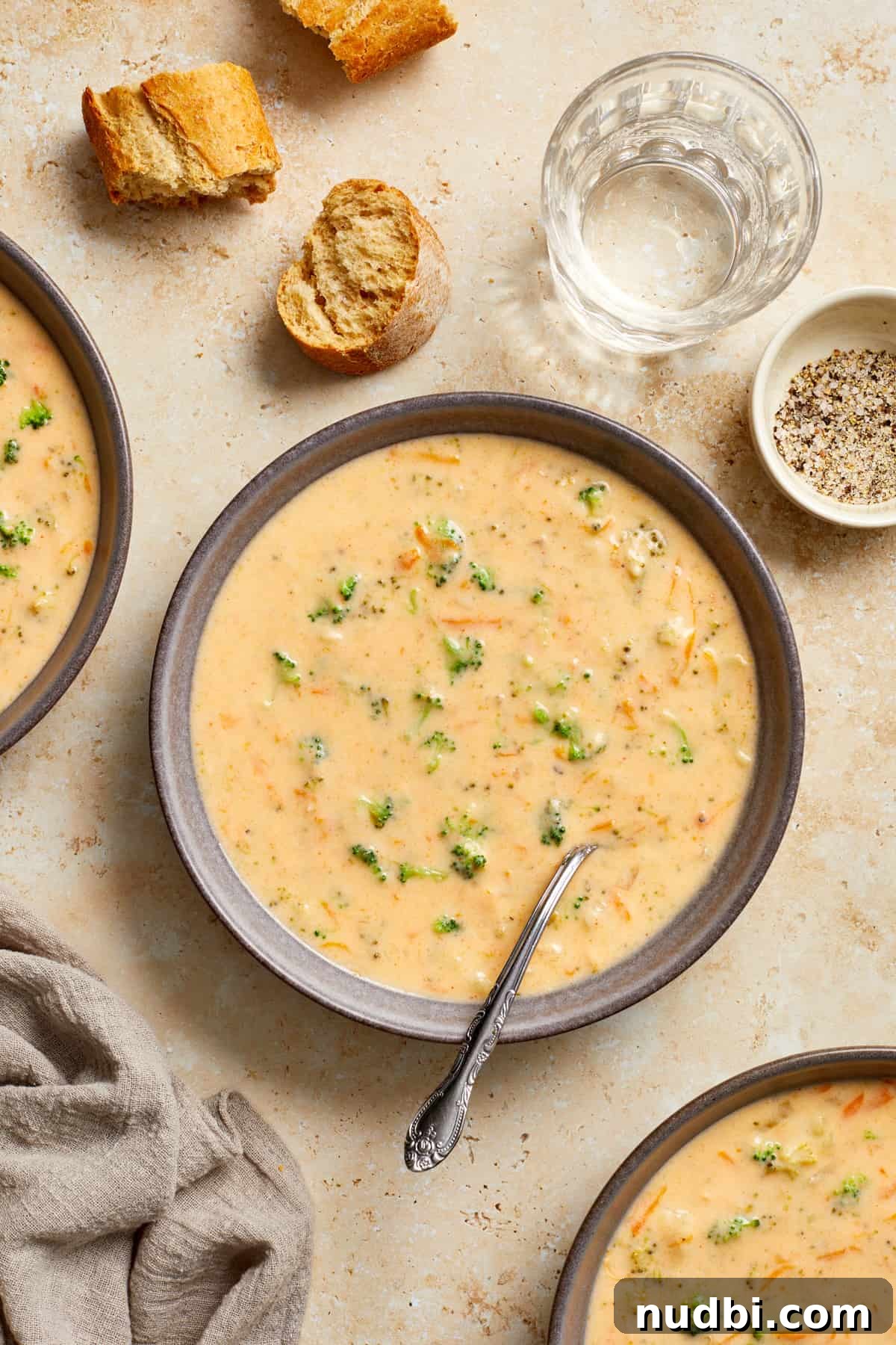 Creamy Broccoli Cheddar Soup Made in the Instant Pot 11 Bowl of broccoli and cheese soup with spoon surrounded by glass with water, pieces of bread and other bowls of soup.